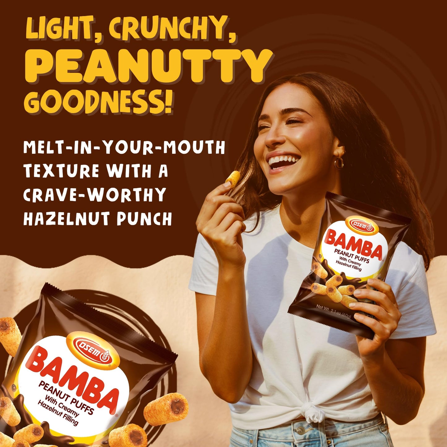 Osem Bamba Peanut Butter Puffs with Creamy Hazelnut Filling - Kosher Crunchy PB Snack with Chocolate Center, Oven Baked Treat with a Crunch - 2.1 oz