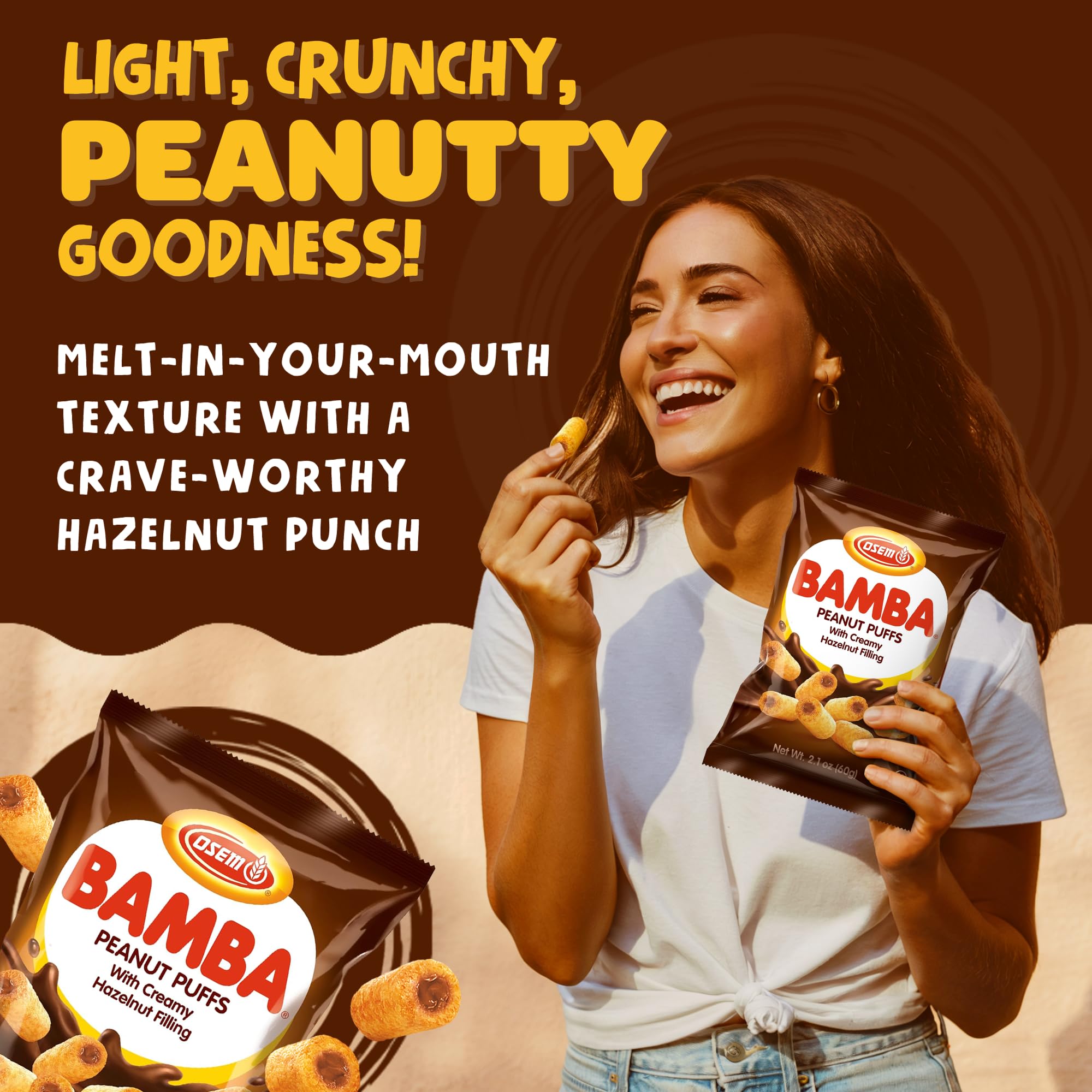 Osem Bamba Peanut Butter Puffs with Creamy Hazelnut Filling - Kosher Crunchy PB Snack with Chocolate Center, Oven Baked Treat with a Crunch - 2.1 oz