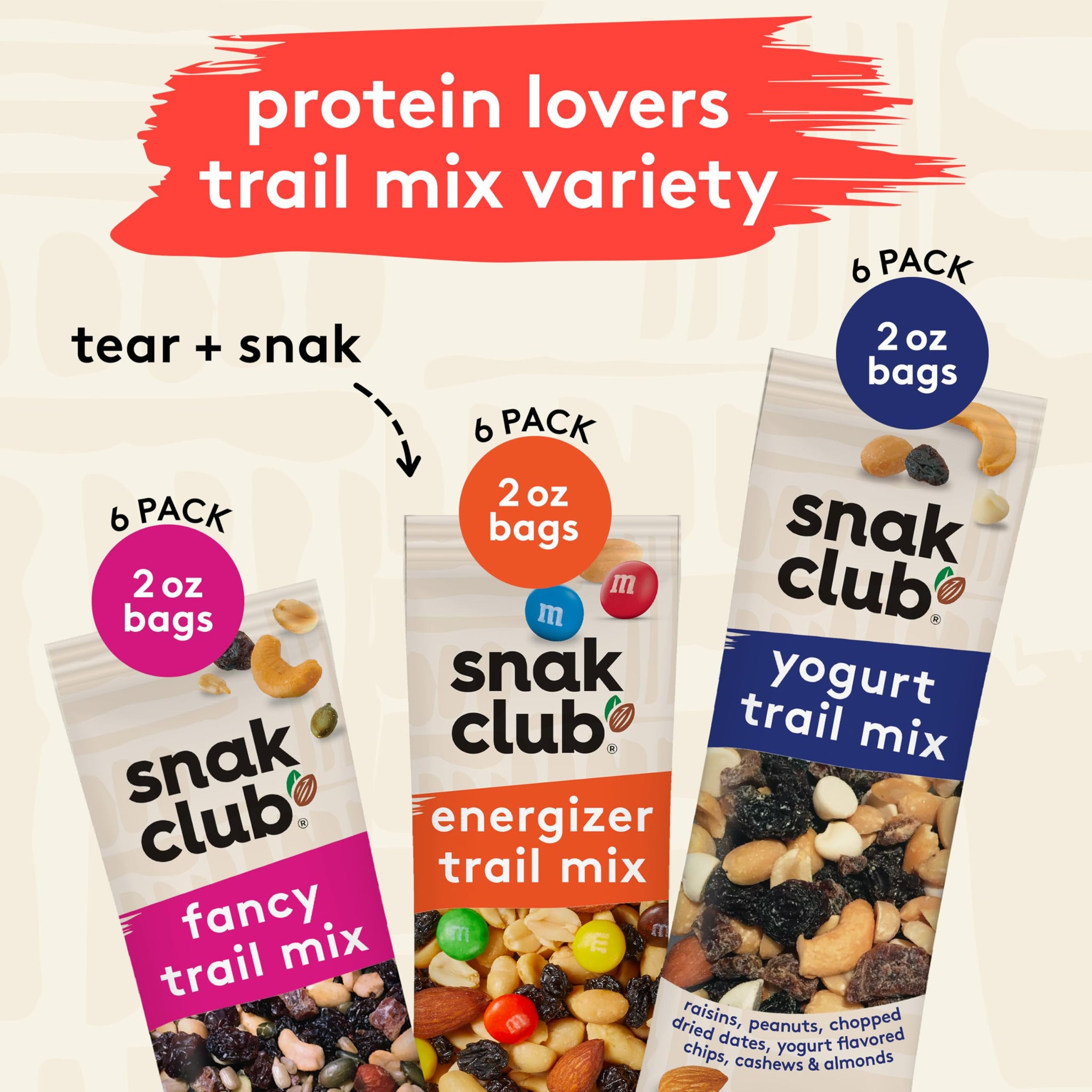 Snak Club Trail Mix Variety Pack, Grab-n-Run Protein Snacks, Includes Energizer Trail Mix, Yogurt, and Fancy, Nut and Fruit Assortment, 18 Individual