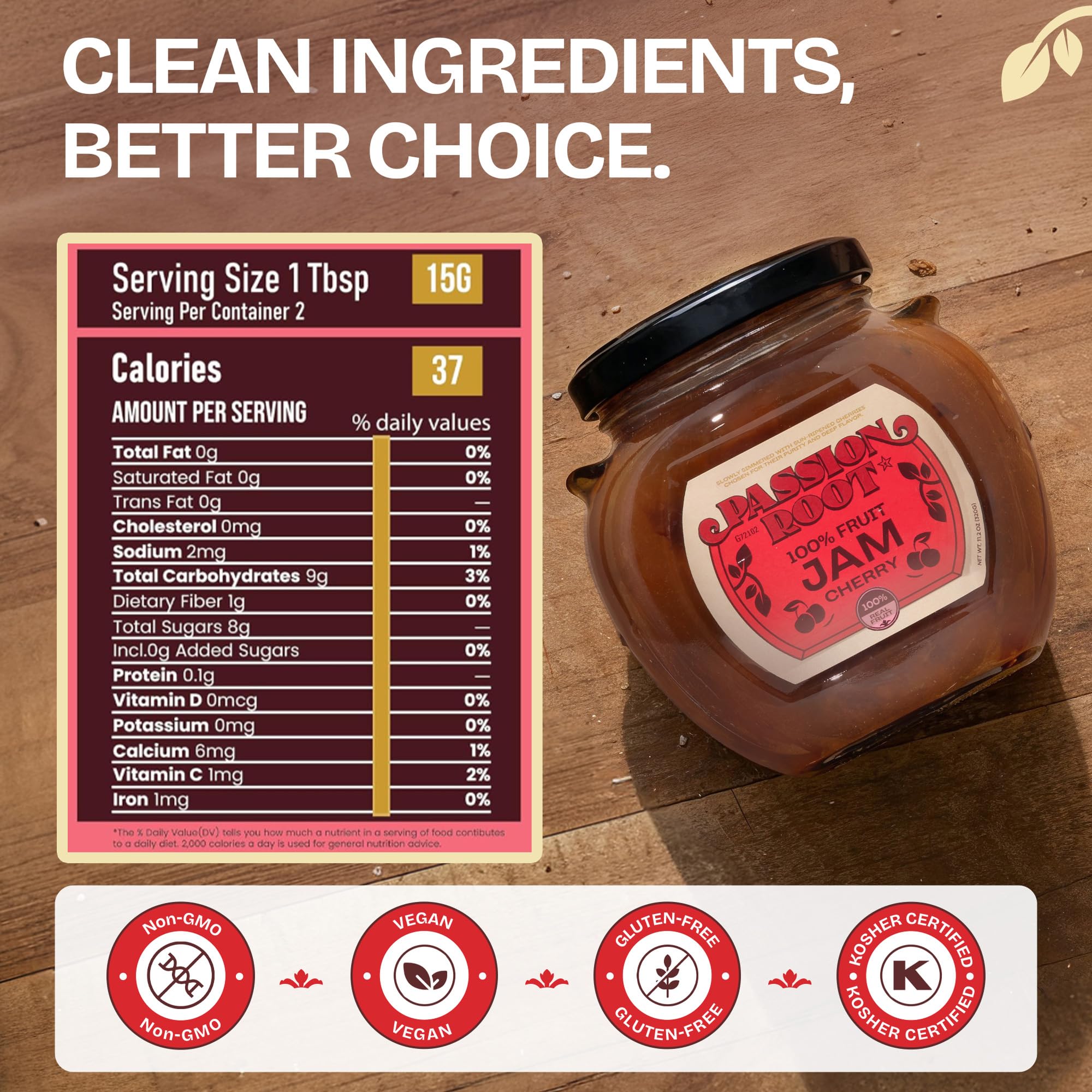 Passion Root Cherry Jam | All Natural Cherry Preserves with Real Fruit | No Added Sugar, No Preservatives, Non GMO, Gluten Free, Kosher Certified |