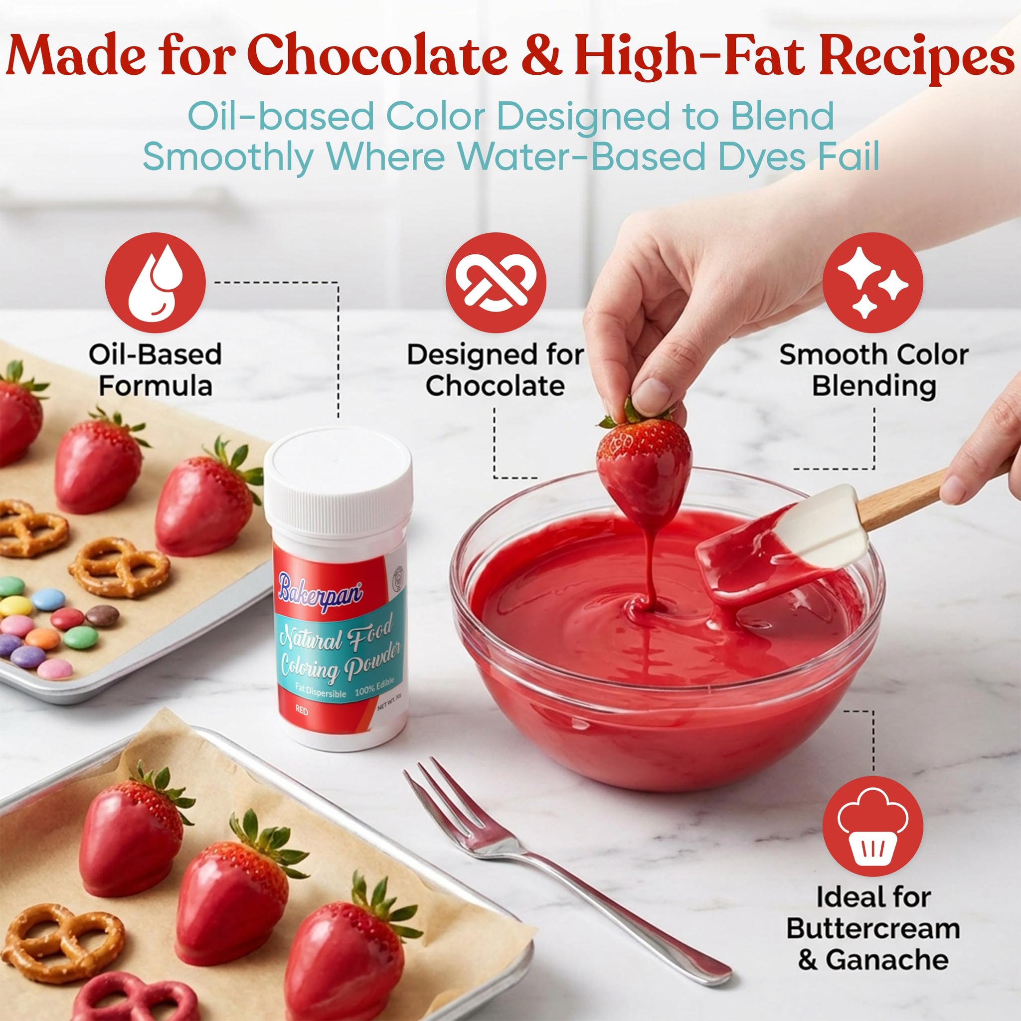 Bakerpan Red Oil-Based Dye-Free Food Coloring Powder for Baking - 30g - Plant-Based, Natural Coloring for Buttercream Frosting, Chocolate, Candy