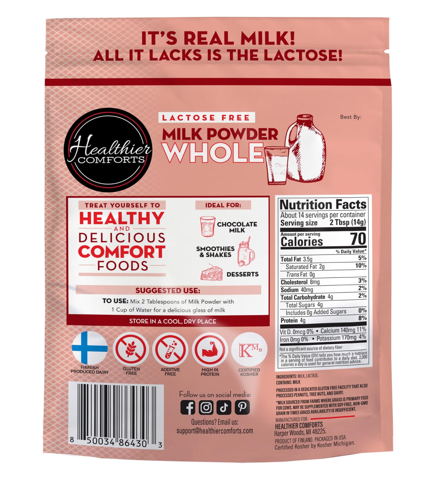Healthier Comforts Lactose Free Whole Milk Powder | Non-GMO, rBST Hormone Free, Kosher, Gluten Free, No Fillers | Baking, Coffee Creamer, Shakes, Pantry Staple, Camping | Makes 14 cups (7 oz)