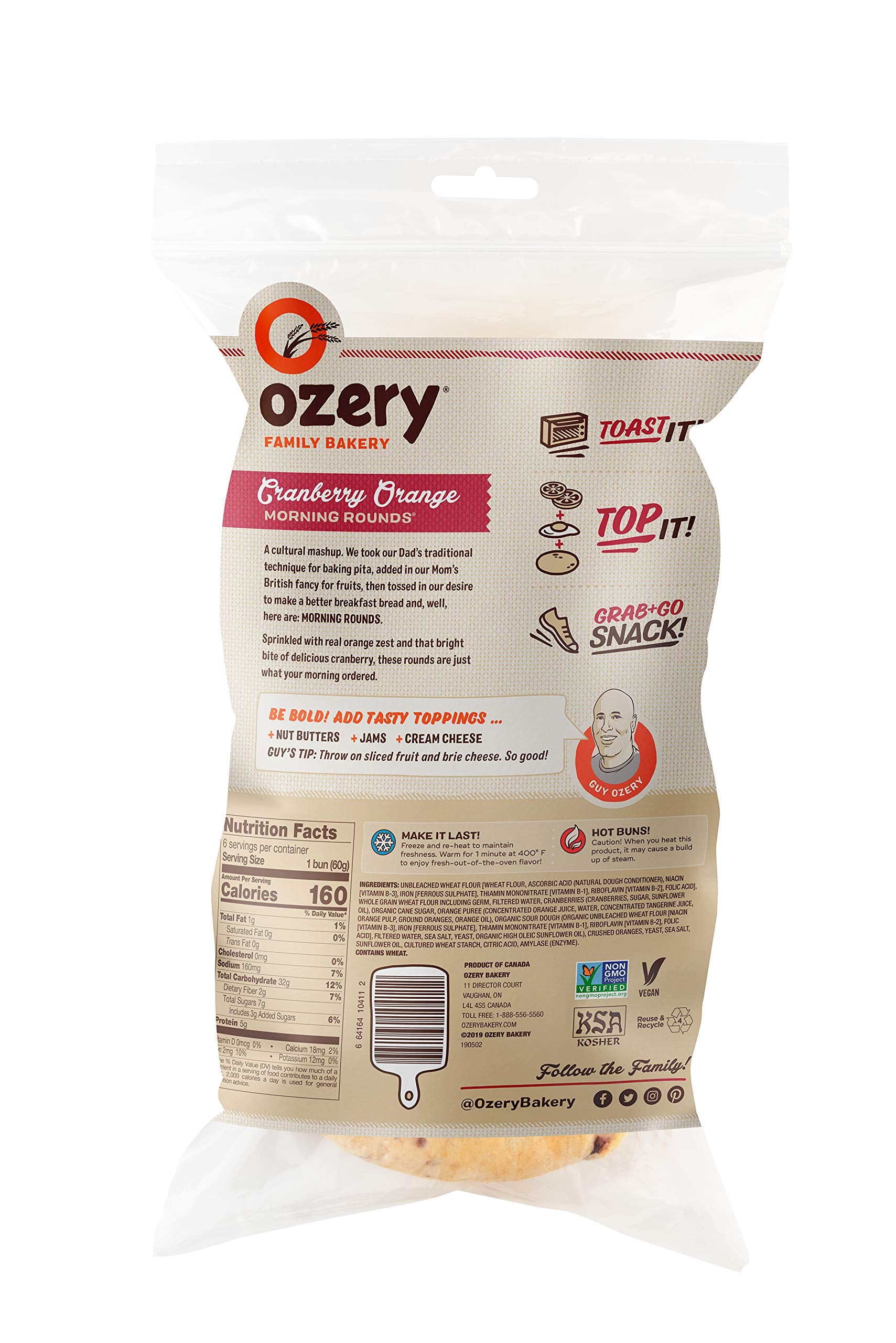 Ozery Bakery, Morning Rounds Cranberry Orange, Whole Grain Fruit & Nut Pita Bread, NON-GMO 12.7 Oz (Pack of 6)