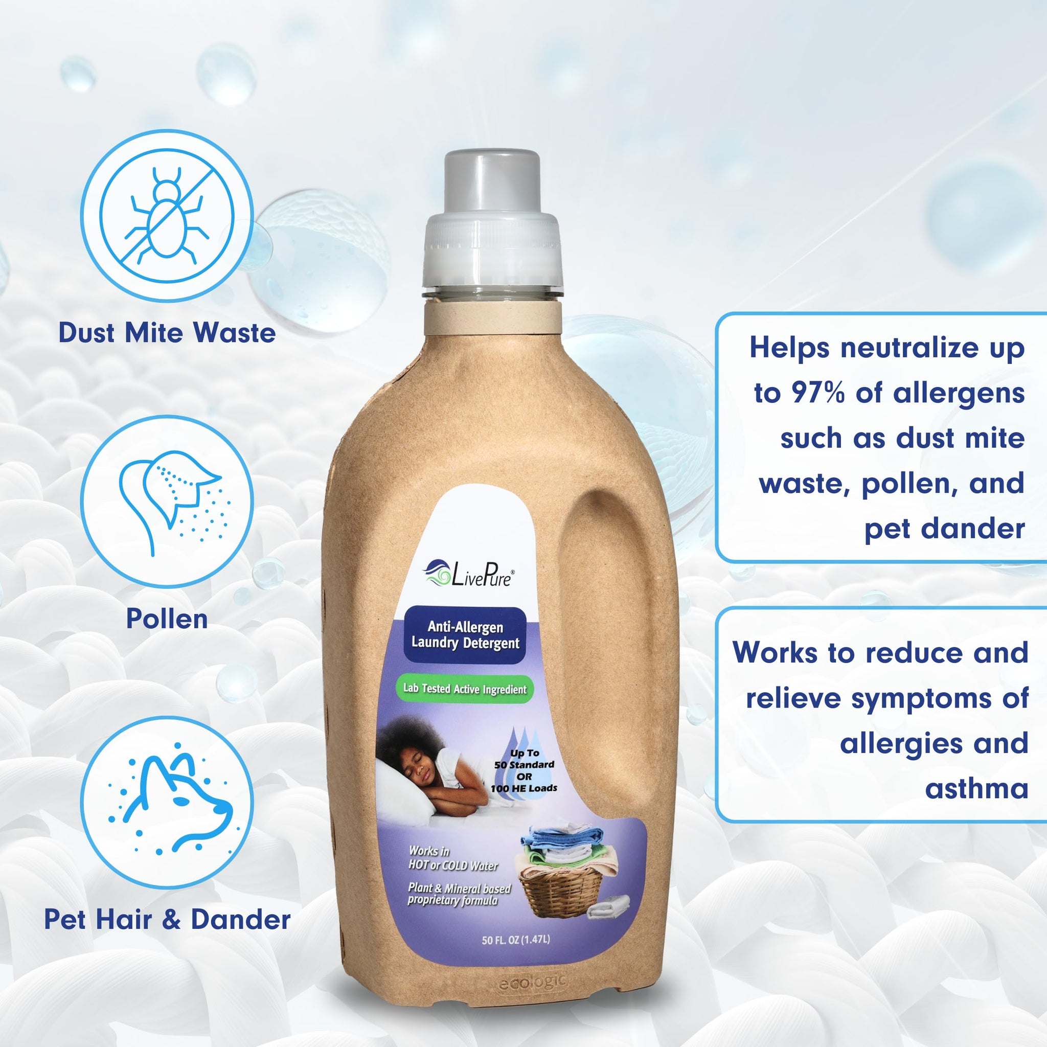 LivePure Anti-Allergen 50 OZ Laundry Detergent for Dust Mites, Pet Dander, Allergies.