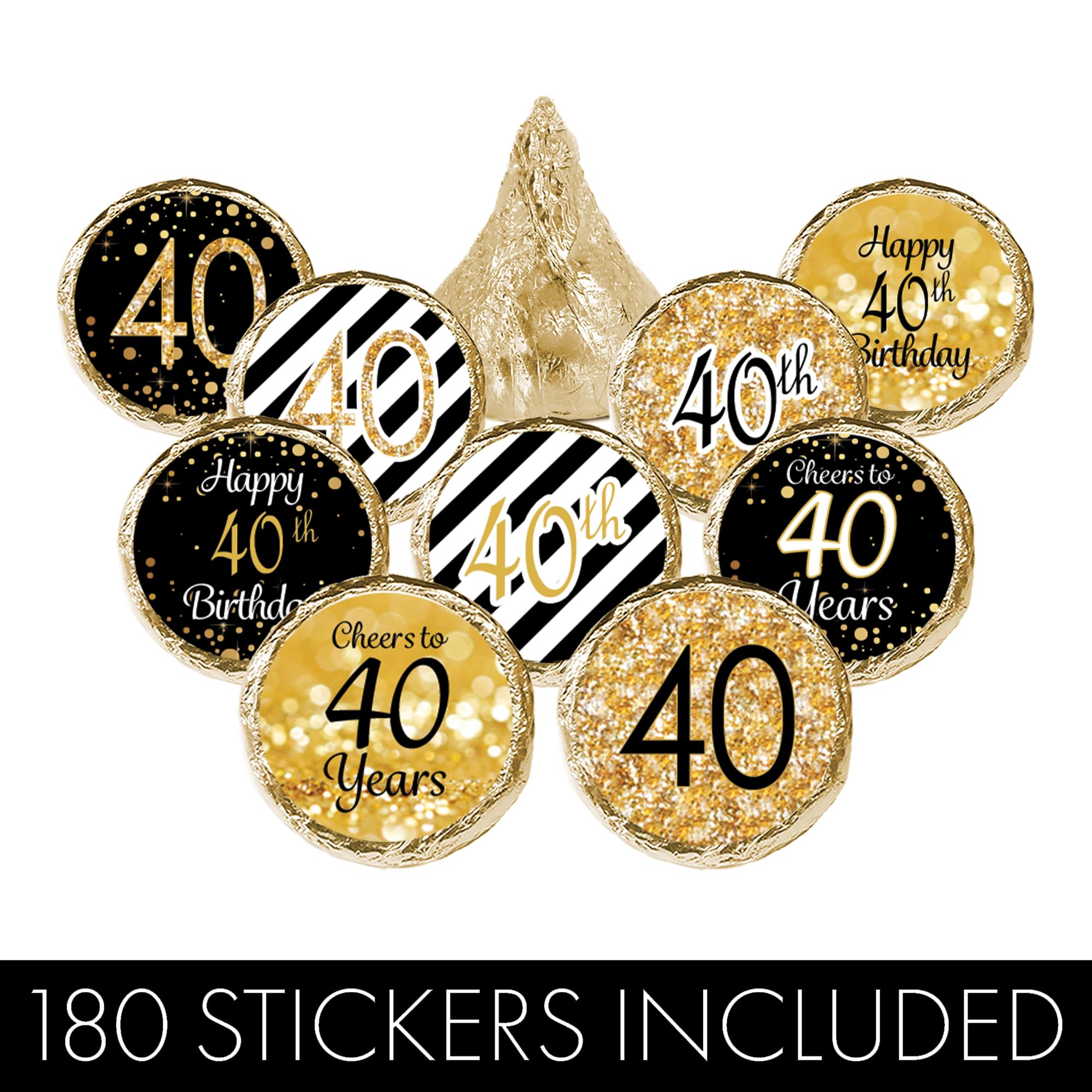DISTINCTIVS Black and Gold 40th Birthday Kiss Stickers - 180 Count - 40th Birthday Party Favors for Men and Women