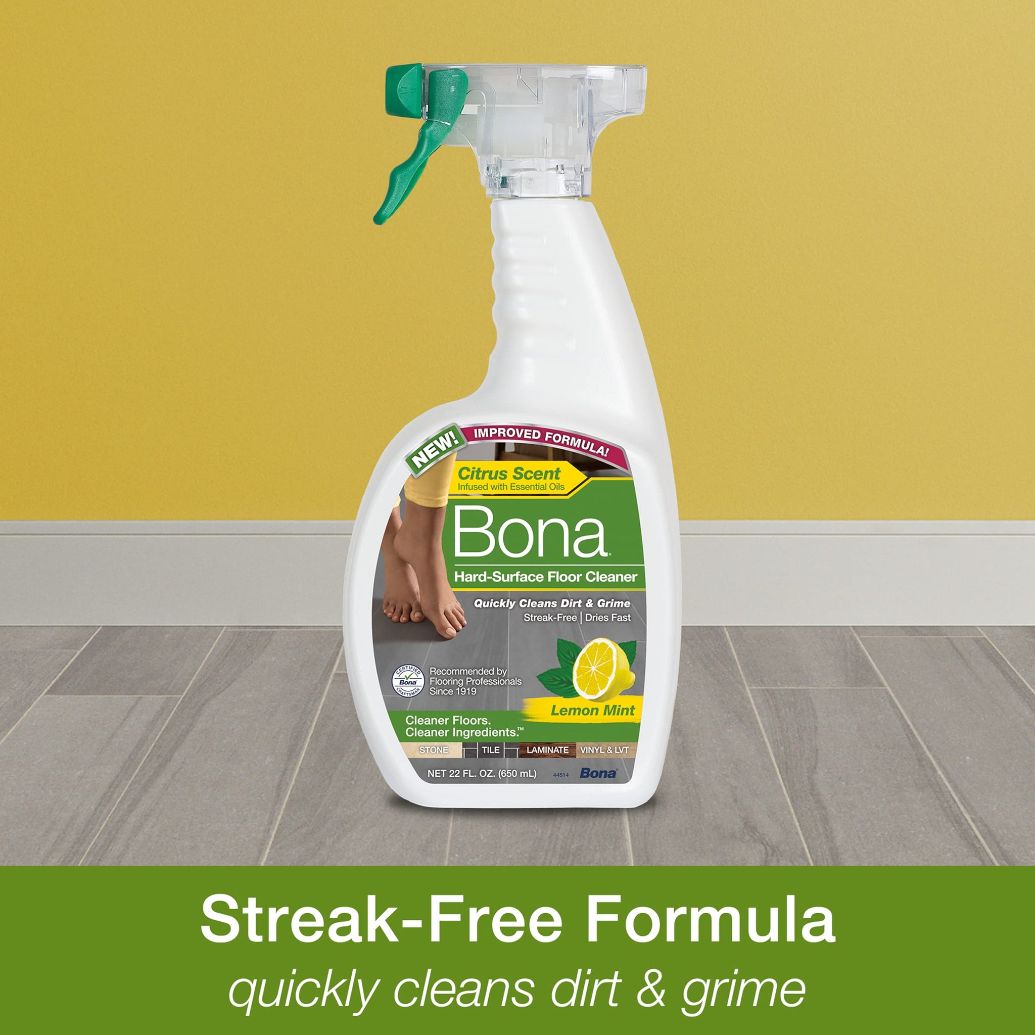 Bona Multi-Surface Floor Cleaner Spray, for Stone Tile Laminate and Vinyl LVT/LVP, Lemon Mint Scent, 36 Fl Oz