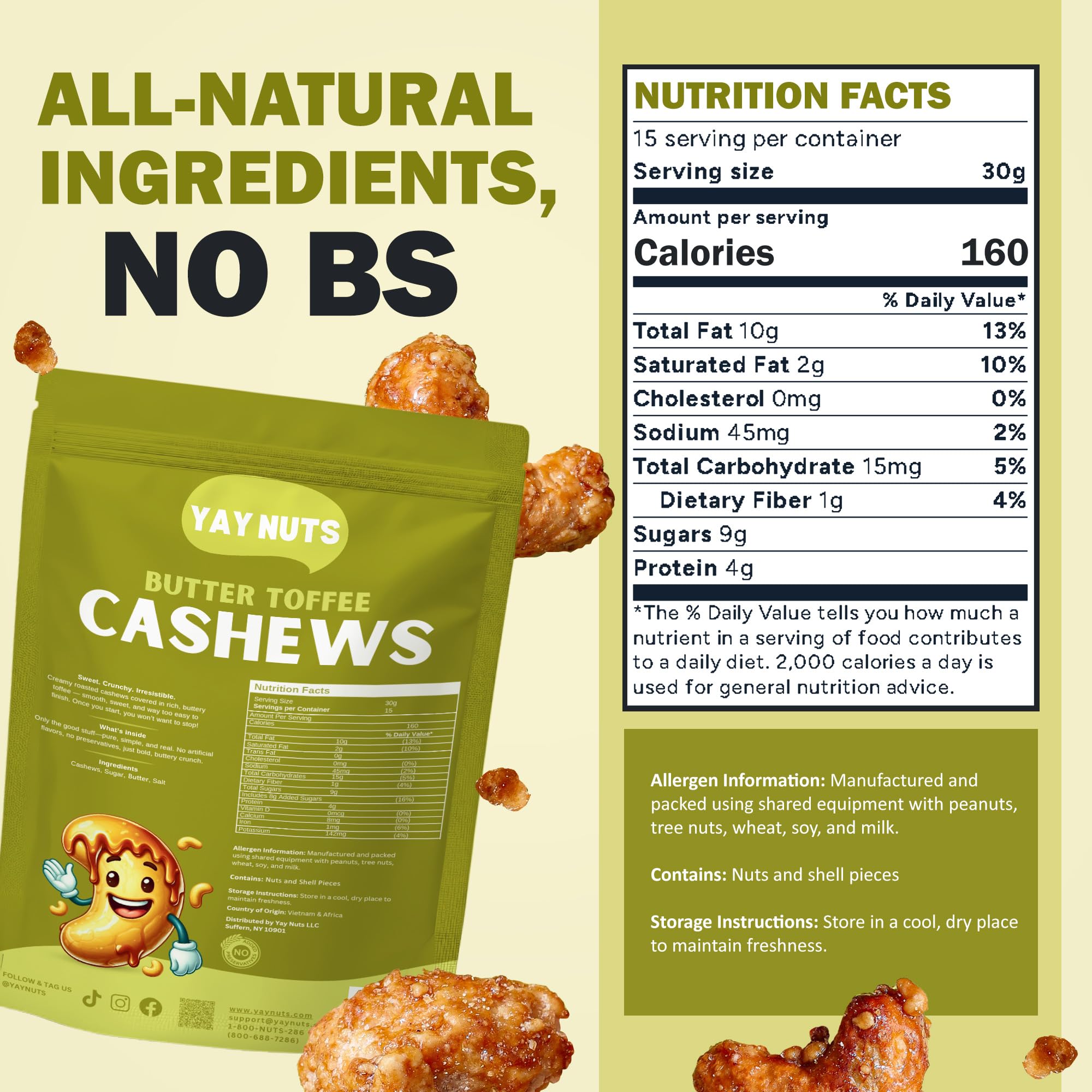 YAY NUTS Butter Toffee Cashews - All-Natural Sweet & Salty Snack, Crunchy Roasted Cashews Coated in Rich Caramelized Butter Toffee, Made in USA