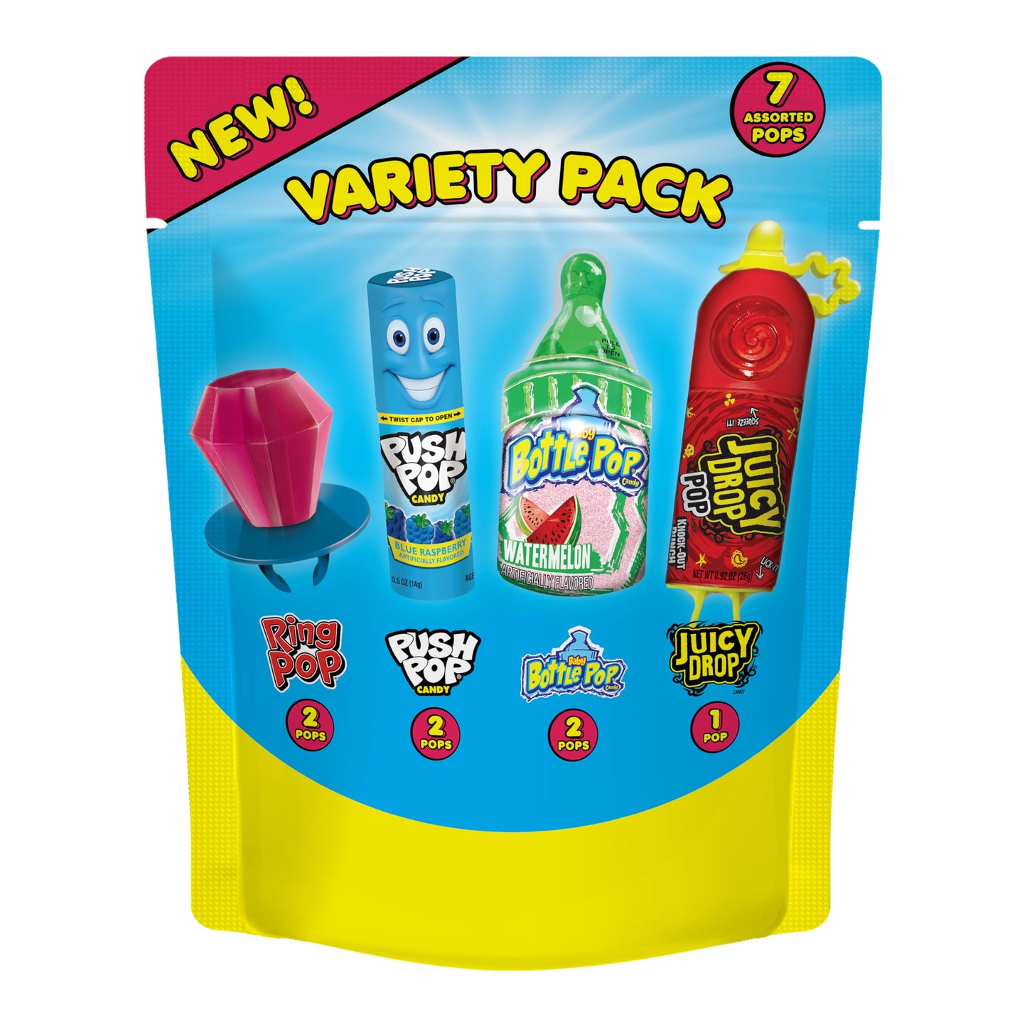 Bazooka Assorted Candy Variety Pack - 7 Ct Individually Wrapped Lollipops & Suckers - Ring Pop, Push Pop & Juicy Drop Sweet Snacks For Kids Party