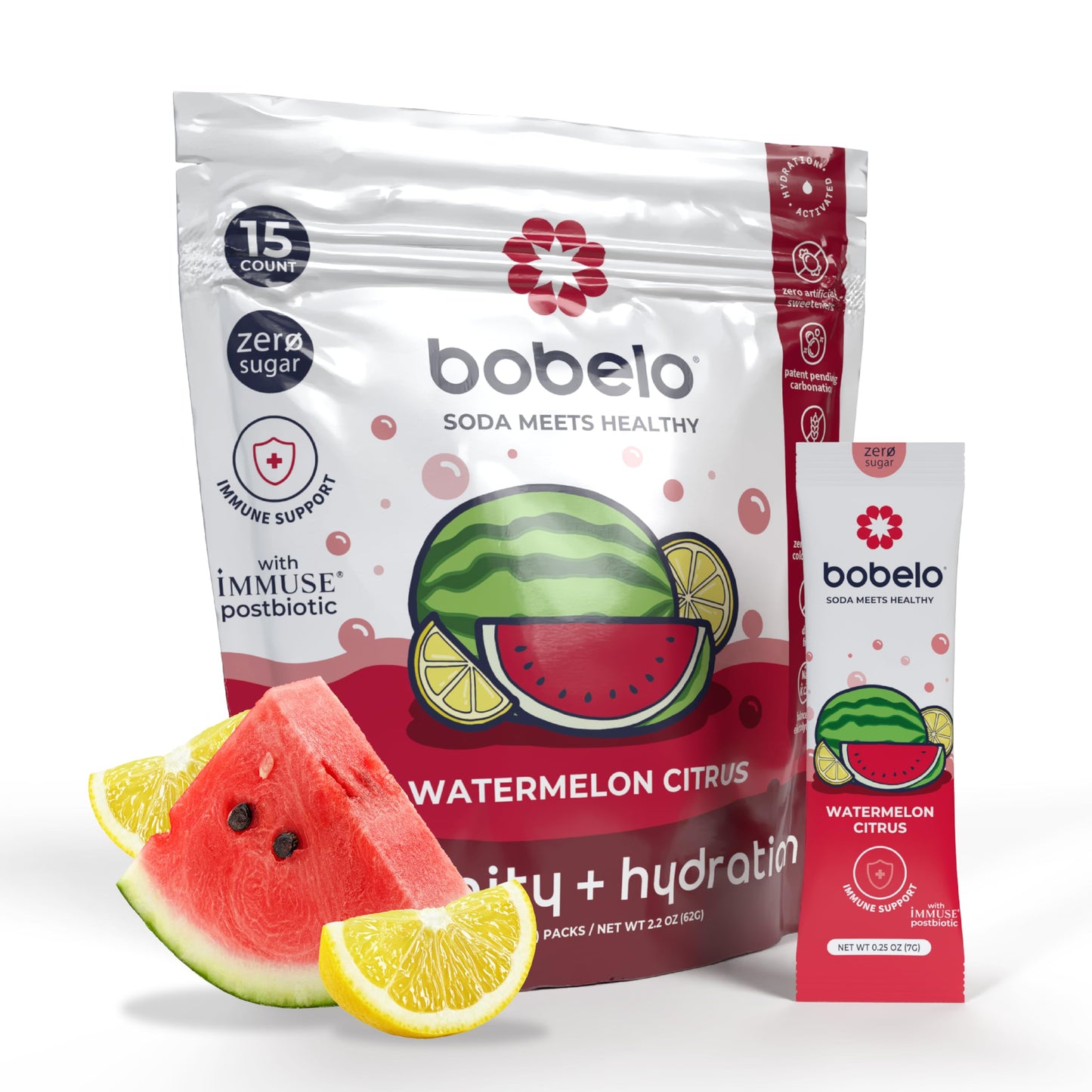 Bobelo Self-Carbonating Hydration Packets - Watermelon Citrus Flavor (15ct) | Low Calorie Electrolyte Drink Mix | Keto Friendly, Sugar Free Water