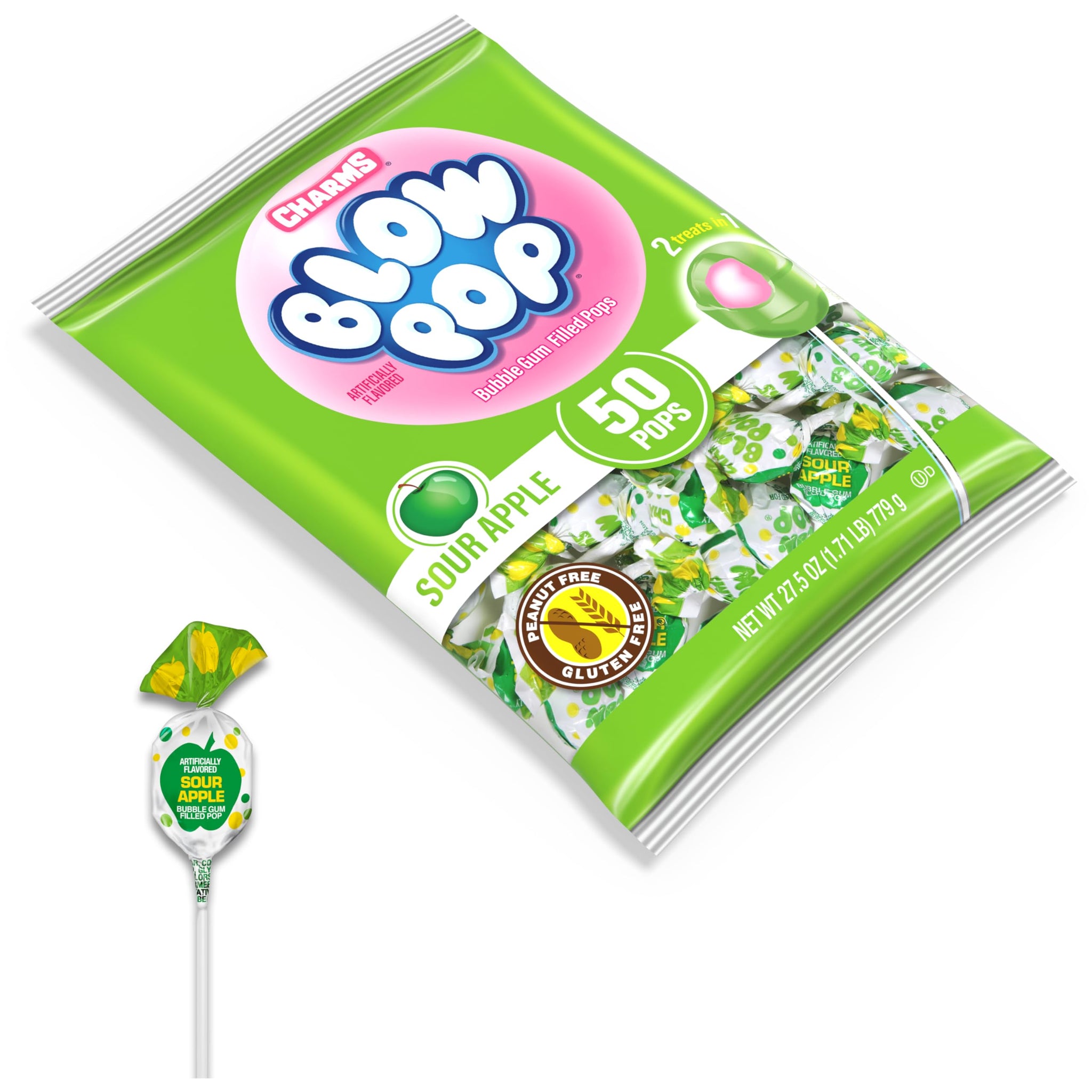 Charms Blow Pop Single Flavor Bag - Sour Apple Flavored Lollipops with a Bubble Gum Center - Individually Wrapped Hard Candy - Green Candy - Peanut