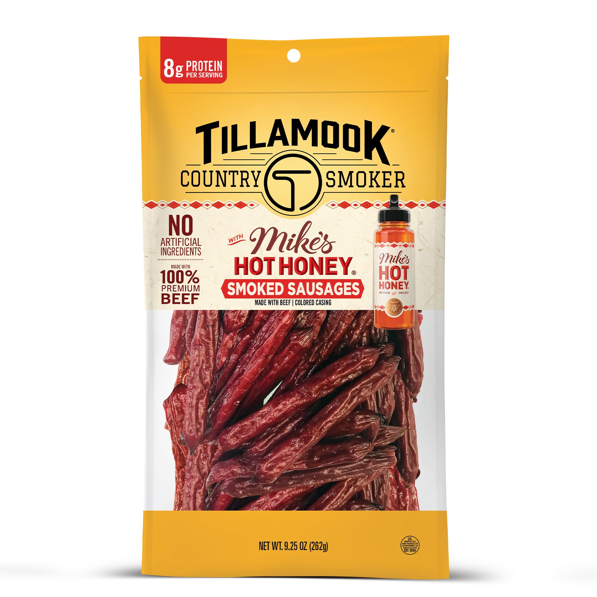 Tillamook Country Smoker 100% Premium Beef Smoked Sausage, Mike's Hot Honey, 9.25 Ounce, Real Hardwood Smoked Sausages, Low Carb, High Protein, Ready