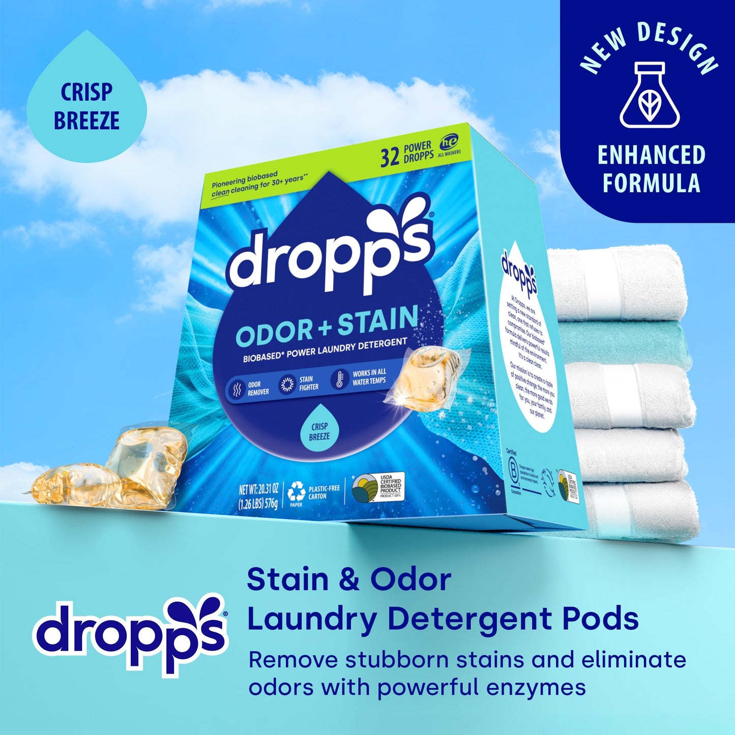 Dropps Odor & Stain Laundry Detergent Pods, Crisp Breeze (32 Count) - Powerful Laundry Pods | Complete Clean Laundry Soap | Fights Odors & Stains |