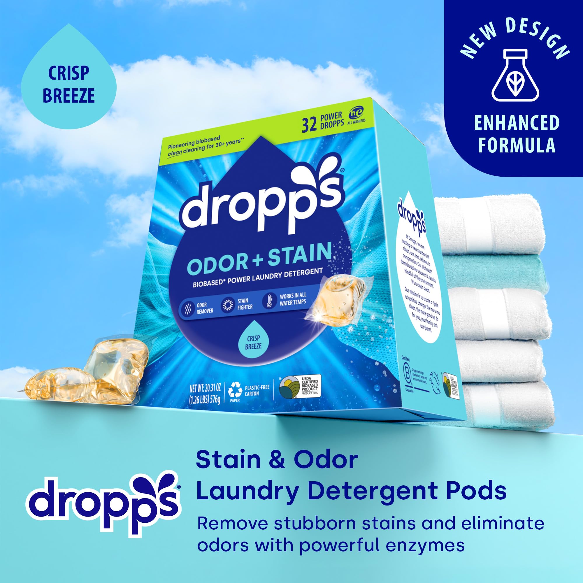 Dropps Odor & Stain Laundry Detergent Pods, Crisp Breeze (32 Count) - Powerful Laundry Pods | Complete Clean Laundry Soap | Fights Odors & Stains |