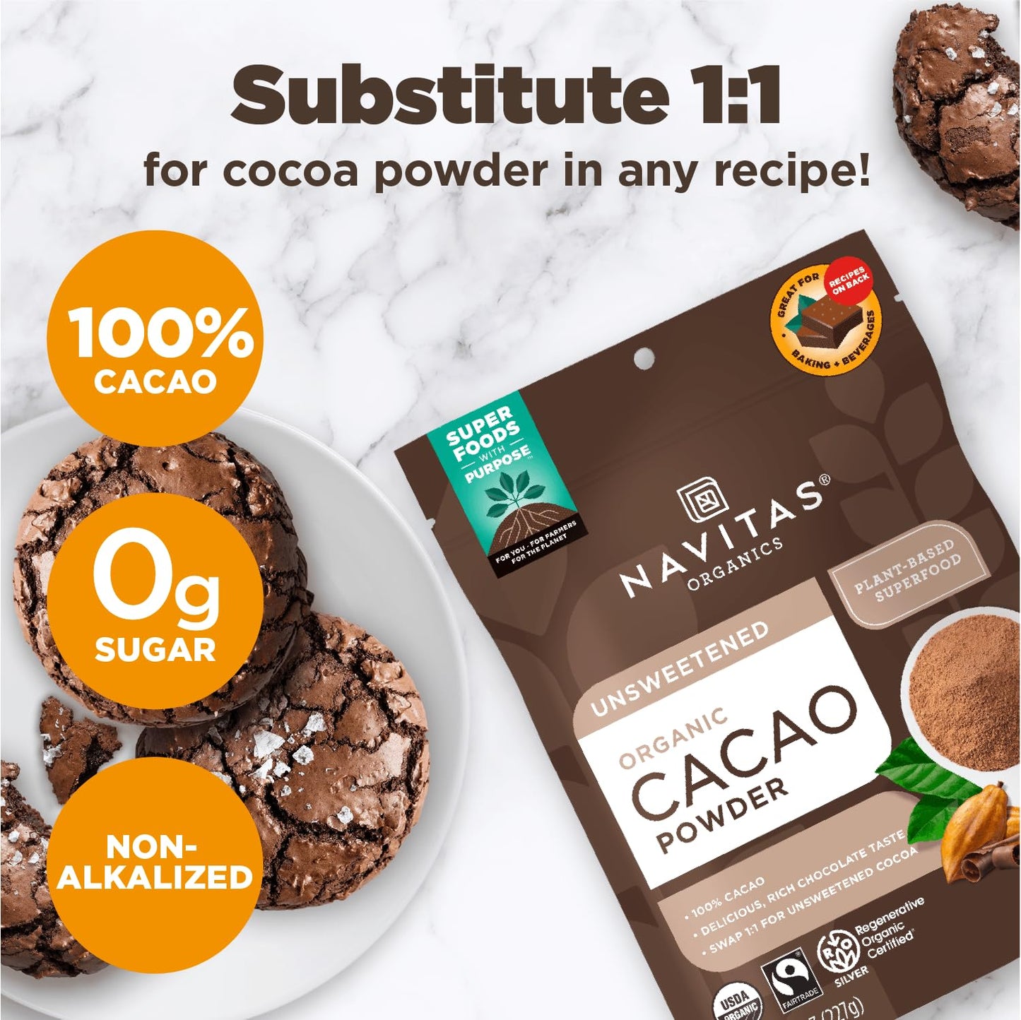 Navitas Organics Cacao Powder - Cocoa Powder Substitute 1:1, For Hot Chocolate, Baking & More - Regenerative Organic Certified, Non GMO, Fairtrade, Gluten Free, Non-alkalized (16oz. Bag, Pack of 2)