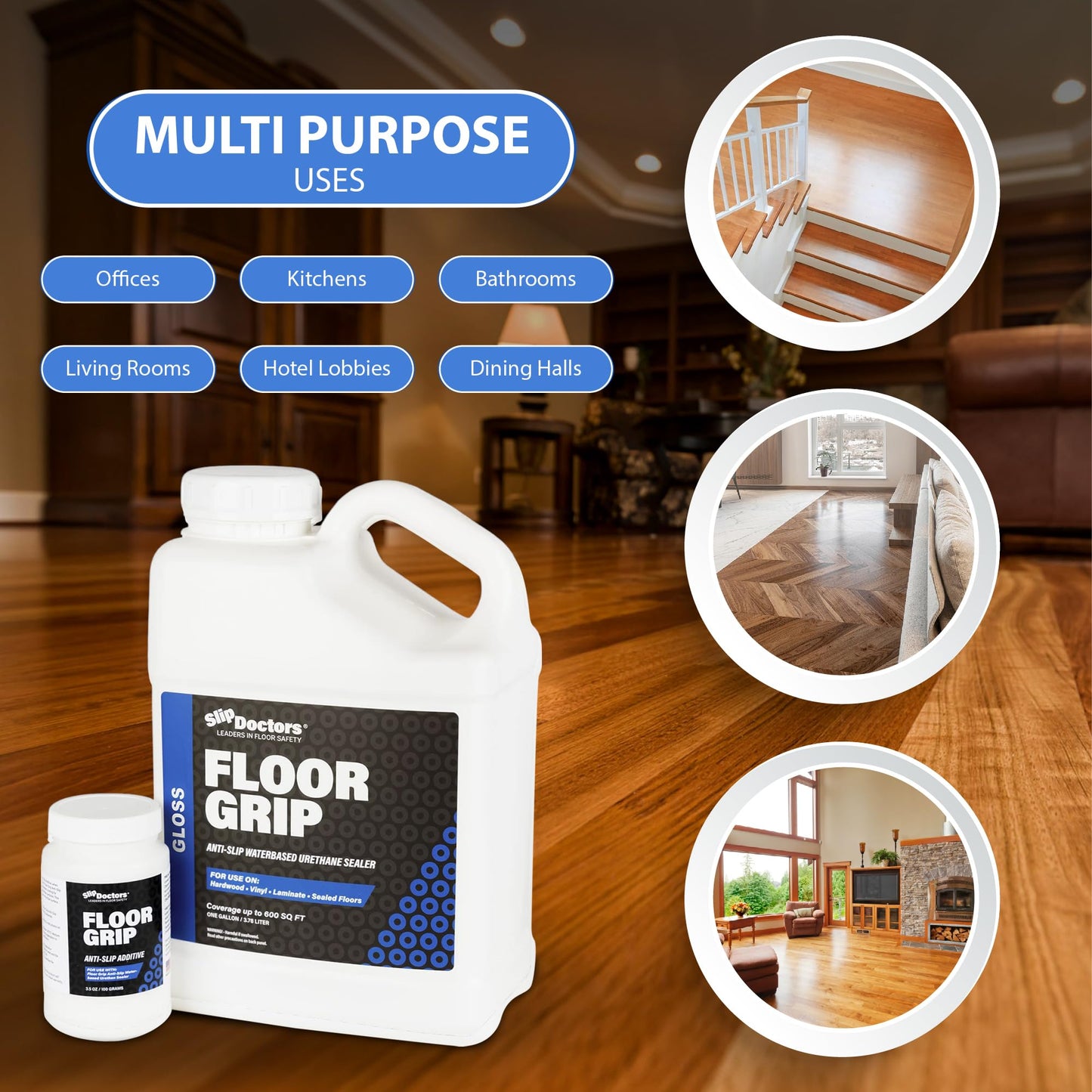 Floor Grip Anti-Slip Floor Finish (Gloss) for Vinyl, Wood, and Laminate - Clear Non-Slip Grip Coating to Fix Slippery Floors and Stairs