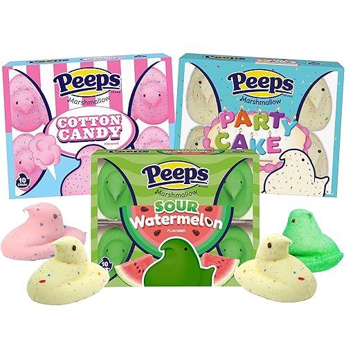 Peeps Marshmallow Chicks Assortment, Sour Watermelon, Cotton Candy & Party Cake Flavors - Easter Candy Treats, Dessert Toppers & Basket Stuffers, 10