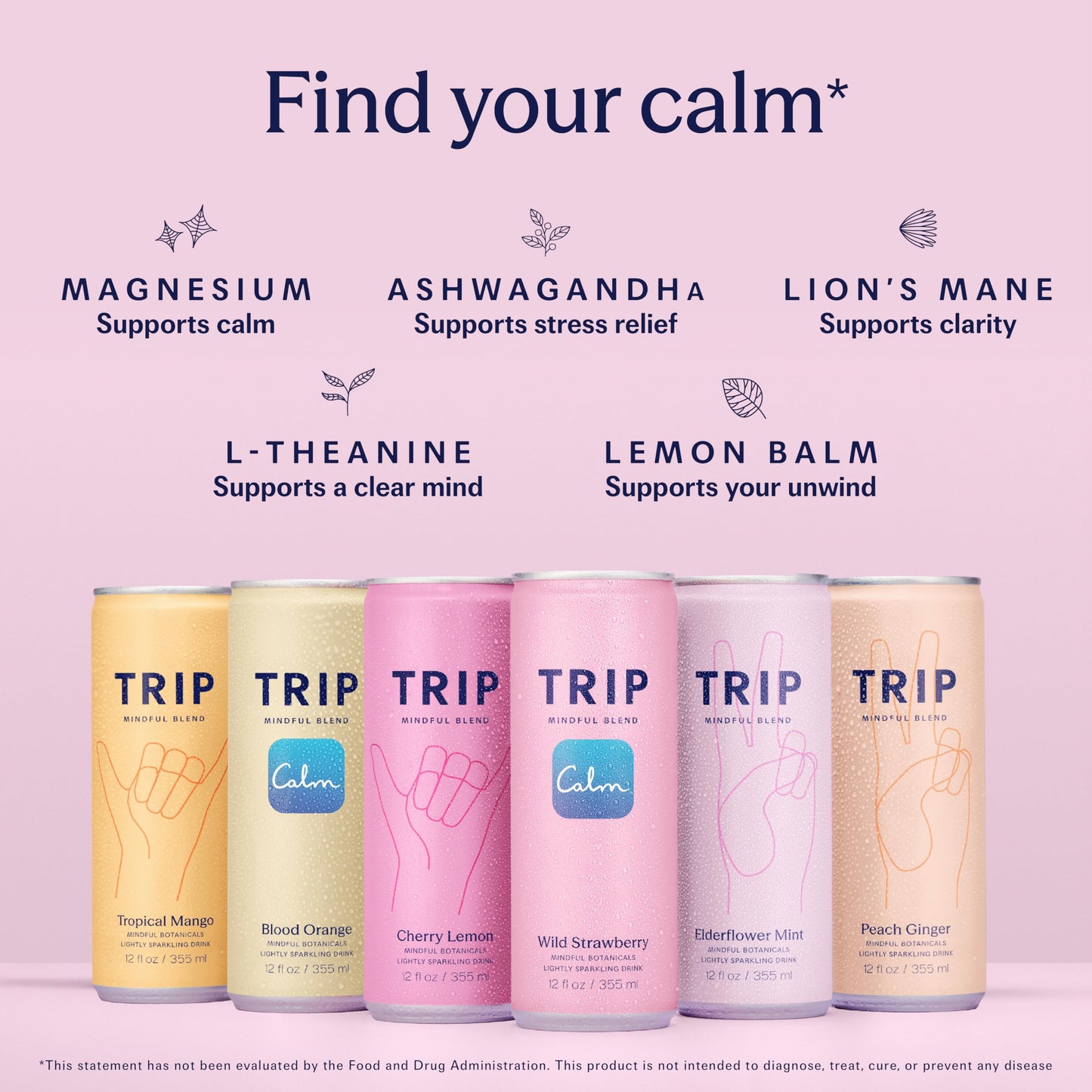 TRIP Lightly Sparkling Adaptogen Seltzer, Non-Alcoholic Mocktail with Magnesium, Ashwagandha, Lions Mane & L Theanine, No Added Sugar, Vegan, Party