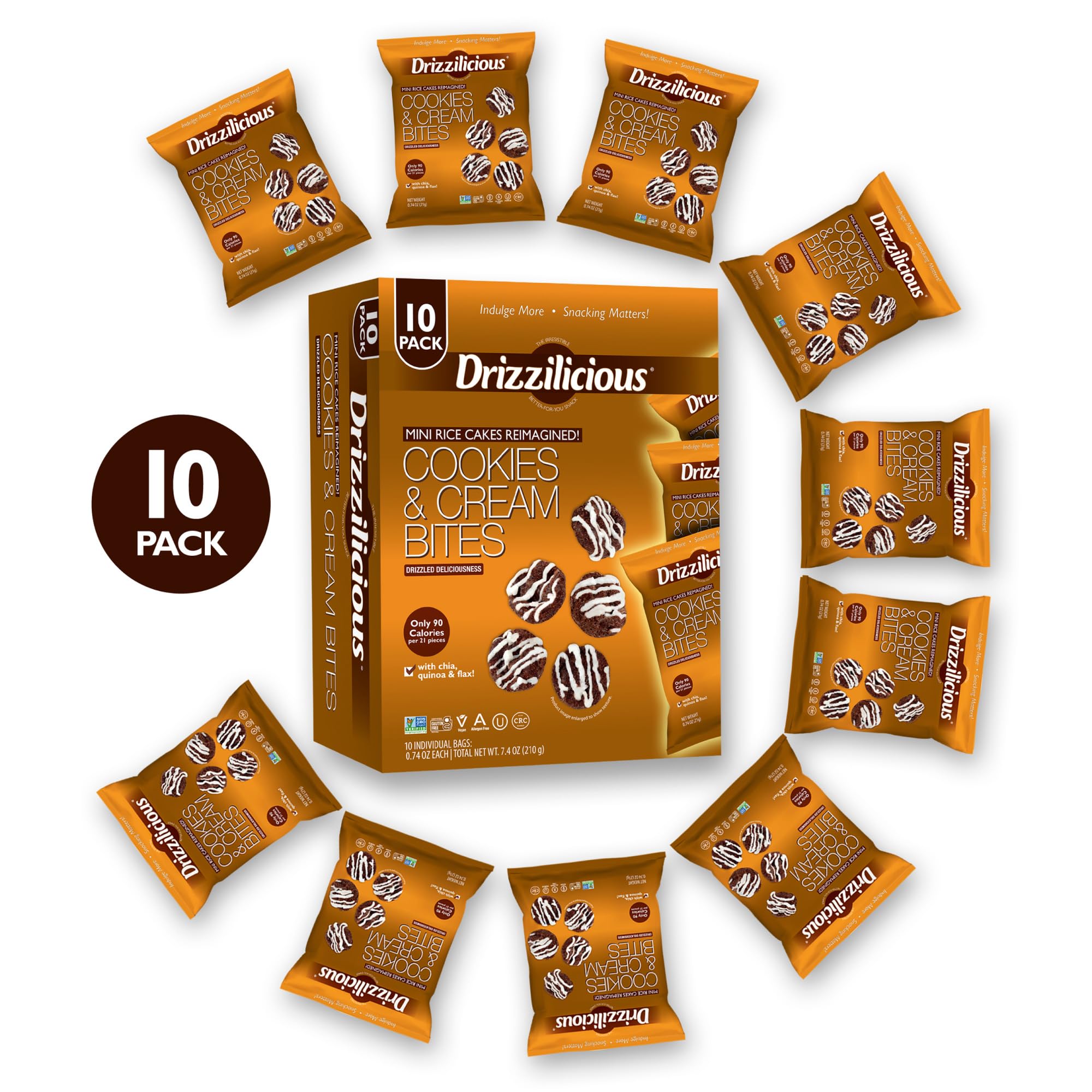 Drizzilicious Mini Flavored Rice Cakes Cookies & Cream - Rice Crisps, Healthy Snack for Adults and Kids, Vegan, Gluten Free Snack, Allergen Free, Only