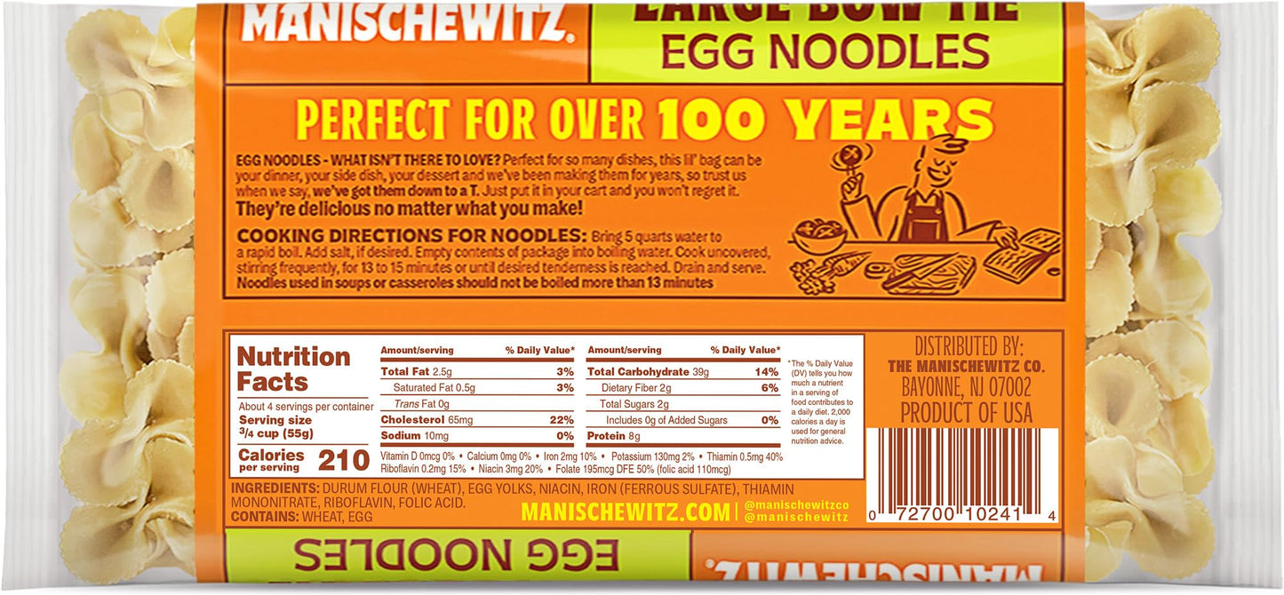 Manischewitz Farfalle Pasta | Large Bow Tie Egg Noodles 7oz (3 Pack) | Homestyle Taste & Texture, Perfect for Kasha Varnishkes, No Preservatives