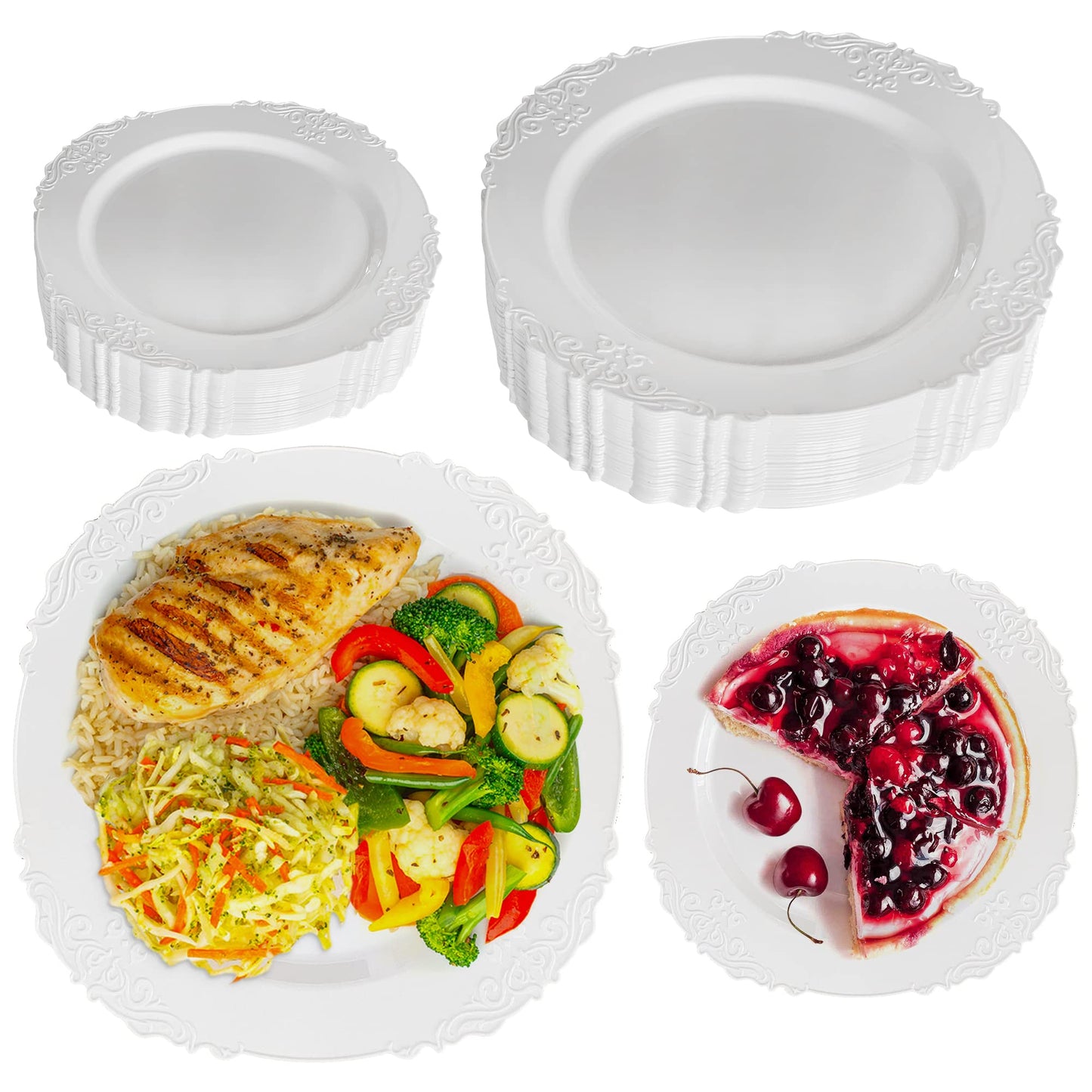 Zlion 60 Piece White Disposable Plate Set - Elegant Plastic Dinnerware for Parties, Weddings, Birthdays & Baby Showers - Includes 30X 10.25 inch Main