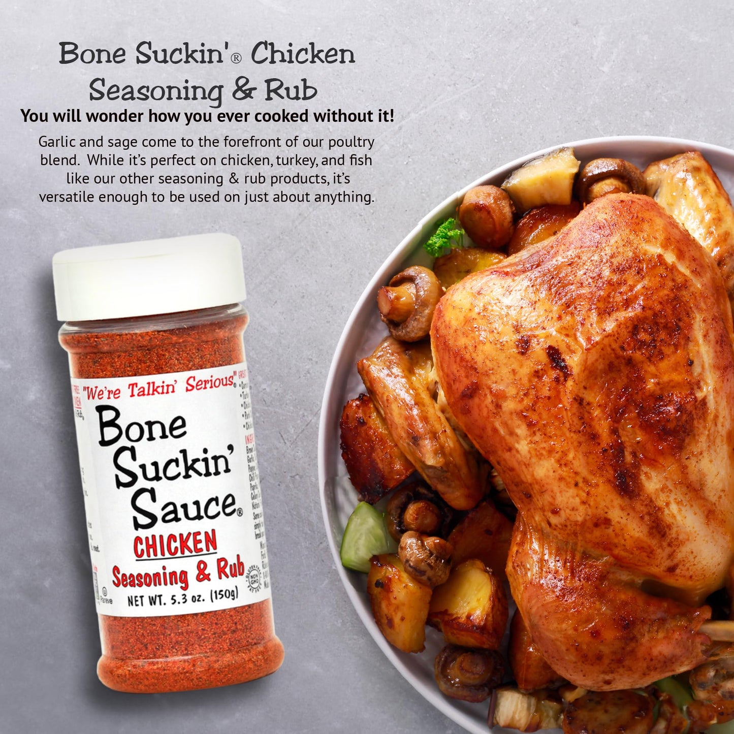 Bone Suckin' Sauce Chicken Seasoning & Rub with Garlic & Sage, Perfect for Chicken, Turkey, Other Poultry, Fish - Brown Sugar, Garlic, Onion, Spices