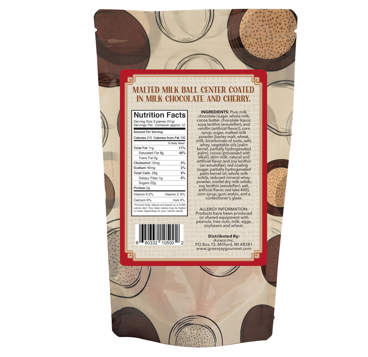 Green Jay Gourmet Handmade Artisan Chocolate Malt Balls - Cherry Malted Milk Balls Coated in Premium Chocolate - Great Gift for Chocolate and Candy