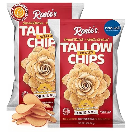 Rosie’s Beef Tallow Chips - Kettle Cooked Potato Chips in Grass Fed Beef Tallow - Non-GMO Idaho Potatoes with Vera Sea Salt - Seed Oil Free Snacks