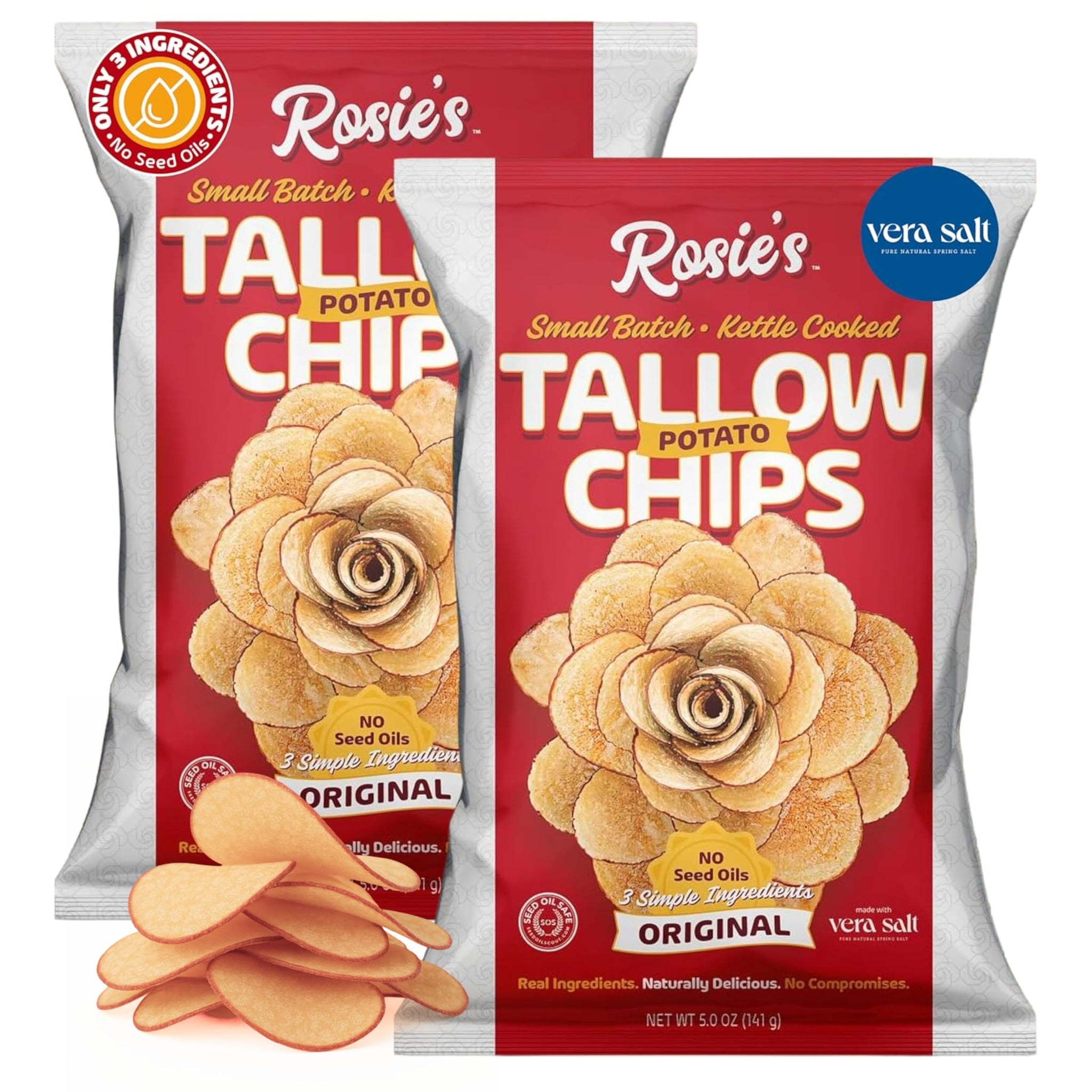 Rosie’s Beef Tallow Chips - Kettle Cooked Potato Chips in Grass Fed Beef Tallow - Non-GMO Idaho Potatoes with Vera Sea Salt - Seed Oil Free Snacks