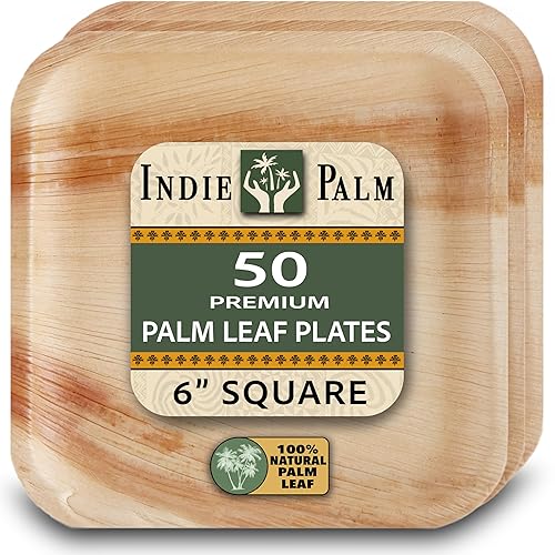 Indie Palm 6 Inch Square Disposable Palm Leaf Plates - Heavy Duty, Biodegradable Compostable Alternative to Bamboo Plates or Paper Plates - Parties
