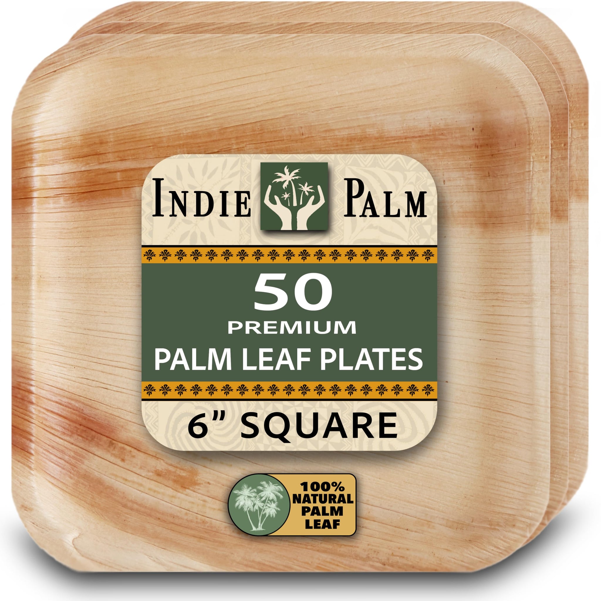 Indie Palm 6 Inch Square Disposable Palm Leaf Plates - Heavy Duty, Biodegradable Compostable Alternative to Bamboo Plates or Paper Plates - Parties