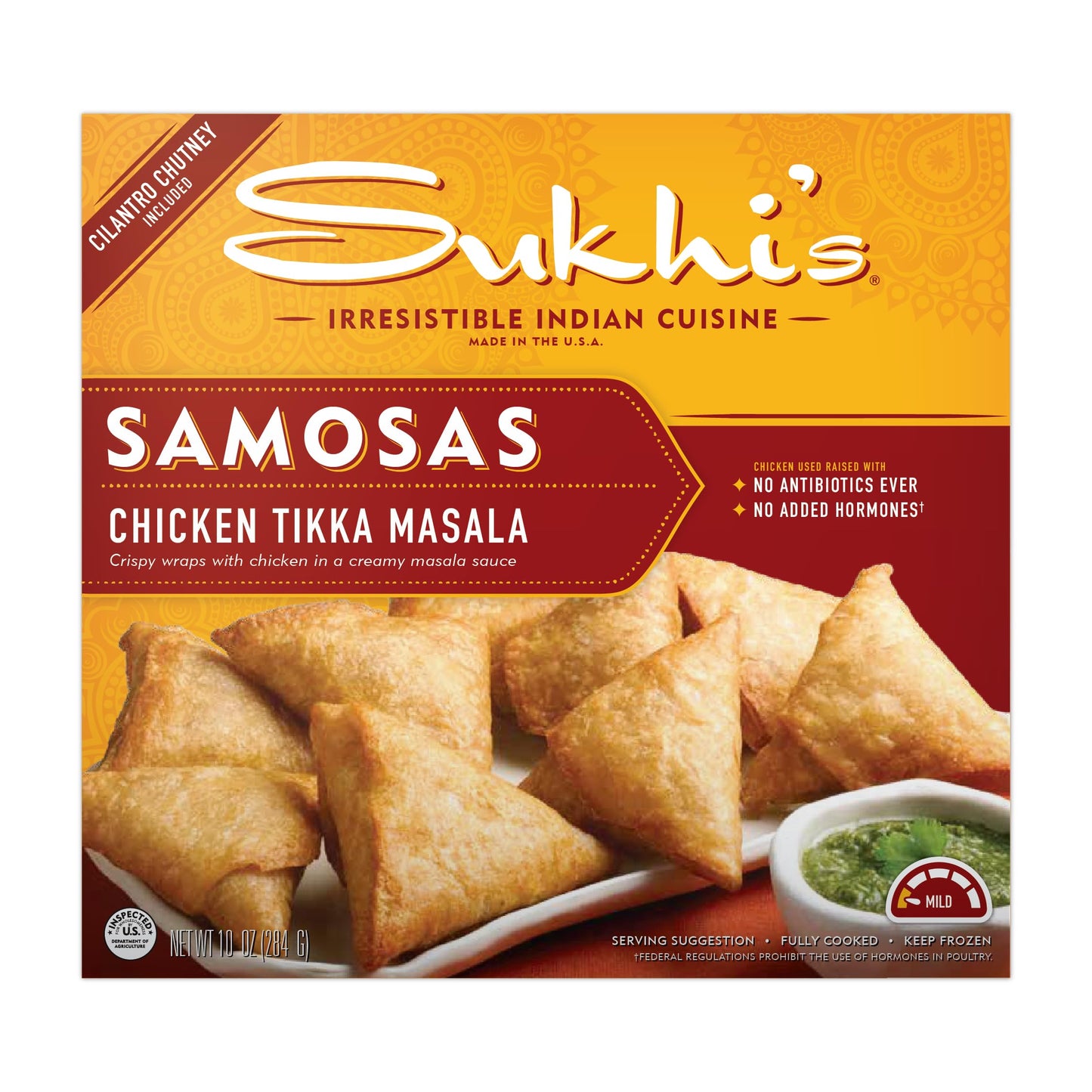 Sukhi's Indian Chicken Tikka Masala Samosa Frozen Appetizer Snack with Cilantro Chutney Dipping Sauce 10oz