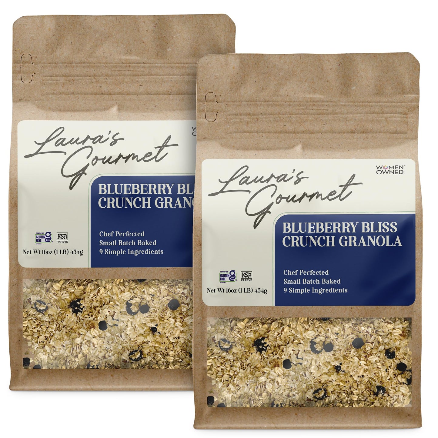 Laura's Gourmet Granola - BlueBerry Bliss Crunch - Gluten, Soy & Dairy Free - Organic Agave, Chewy Blueberries, Citrus & Flax, Vegan, Chef's Trifecta