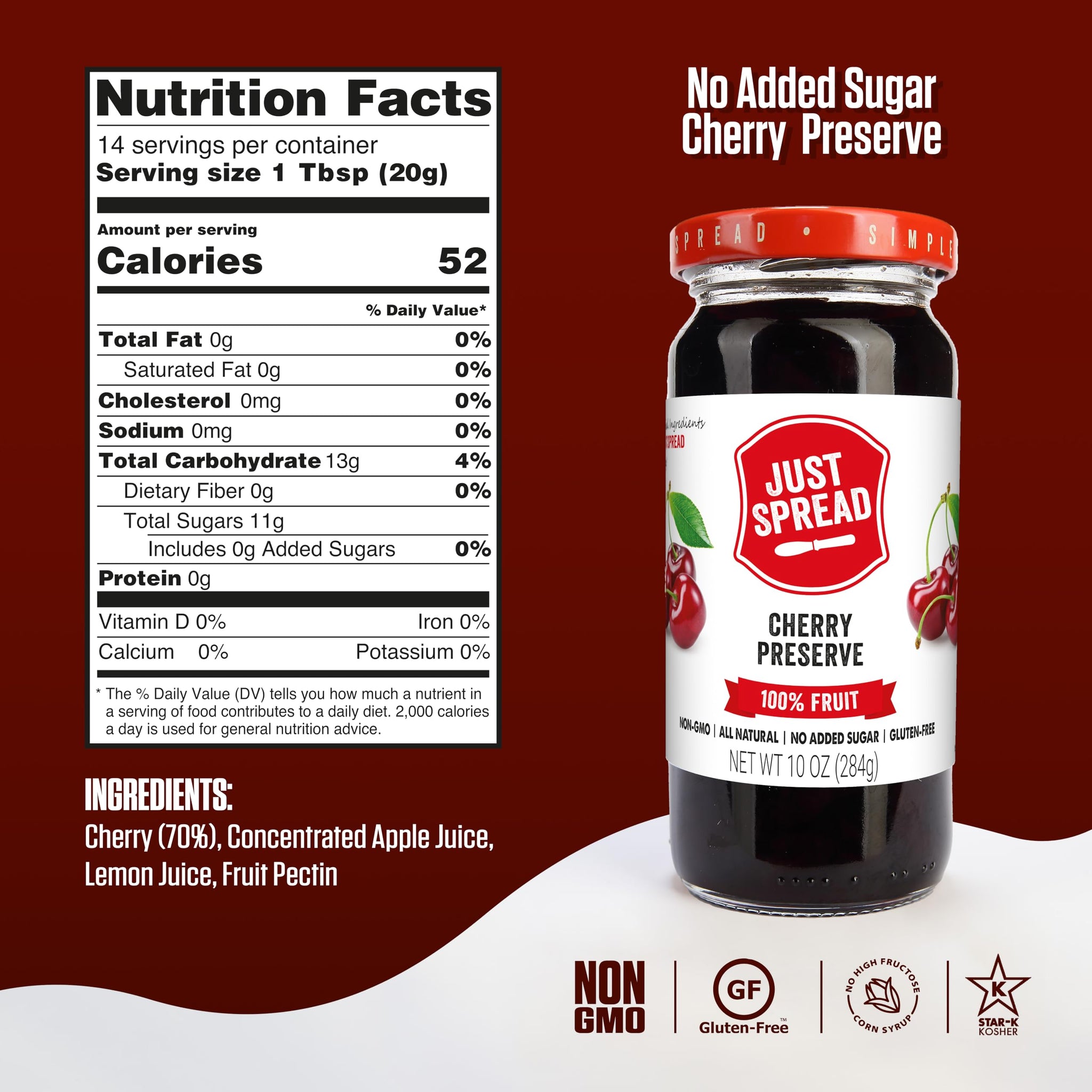 Just Spread 100% Fruit Preserve | Made with Real Fruit Pieces & Only 4 Ingredients | Gluten Free, Vegan, Non GMO, No Added Sugar | 10oz Jar (Cherry)