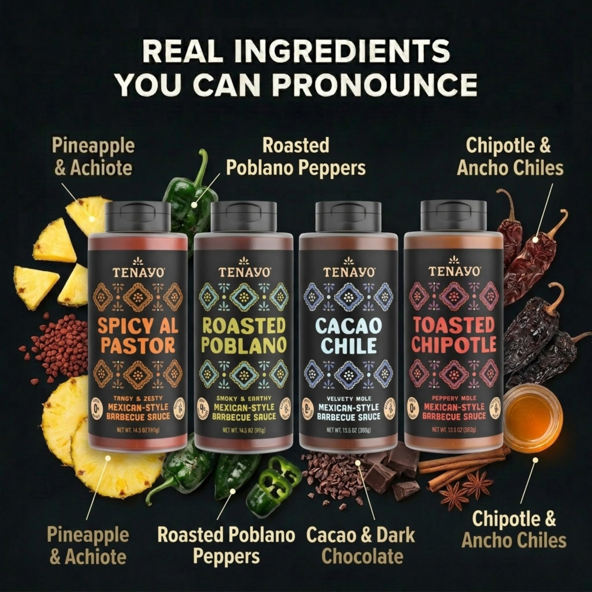 Tenayo Mexican Style Barbecue Sauce 4-Pack Variety (14.5 oz Bottles) - Spicy Al Pastor, Roasted Poblano, Toasted Chipotle & Cacao Chile - Low Sugar