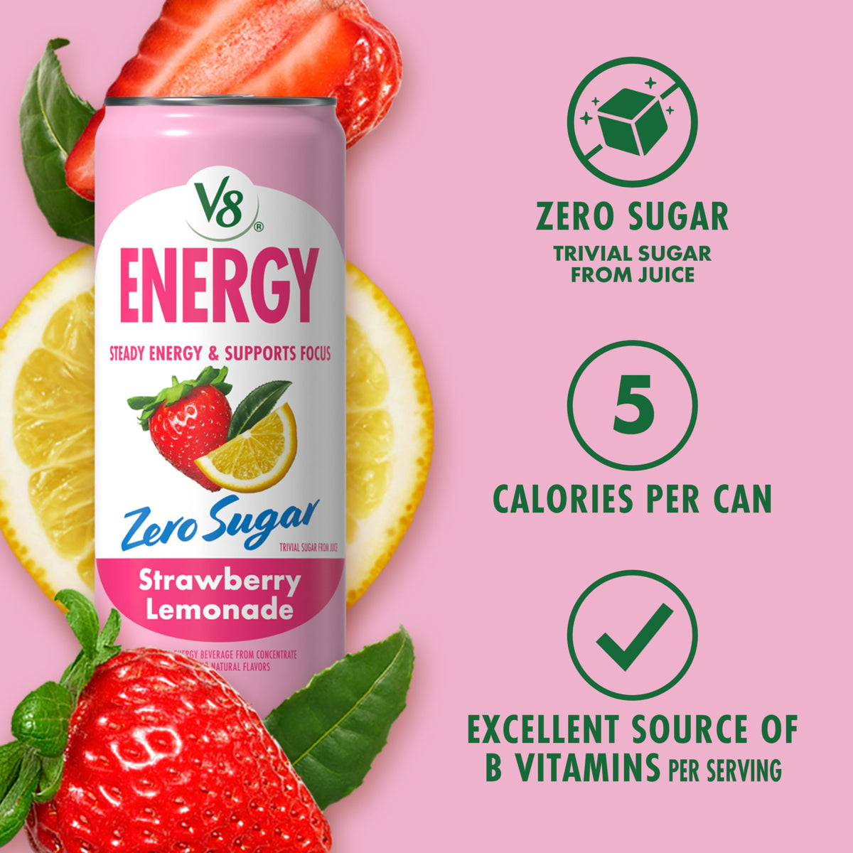 V8 Energy Zero Sugar Strawberry Lemonade, 11.5 fl. oz. Can (12 Pack)