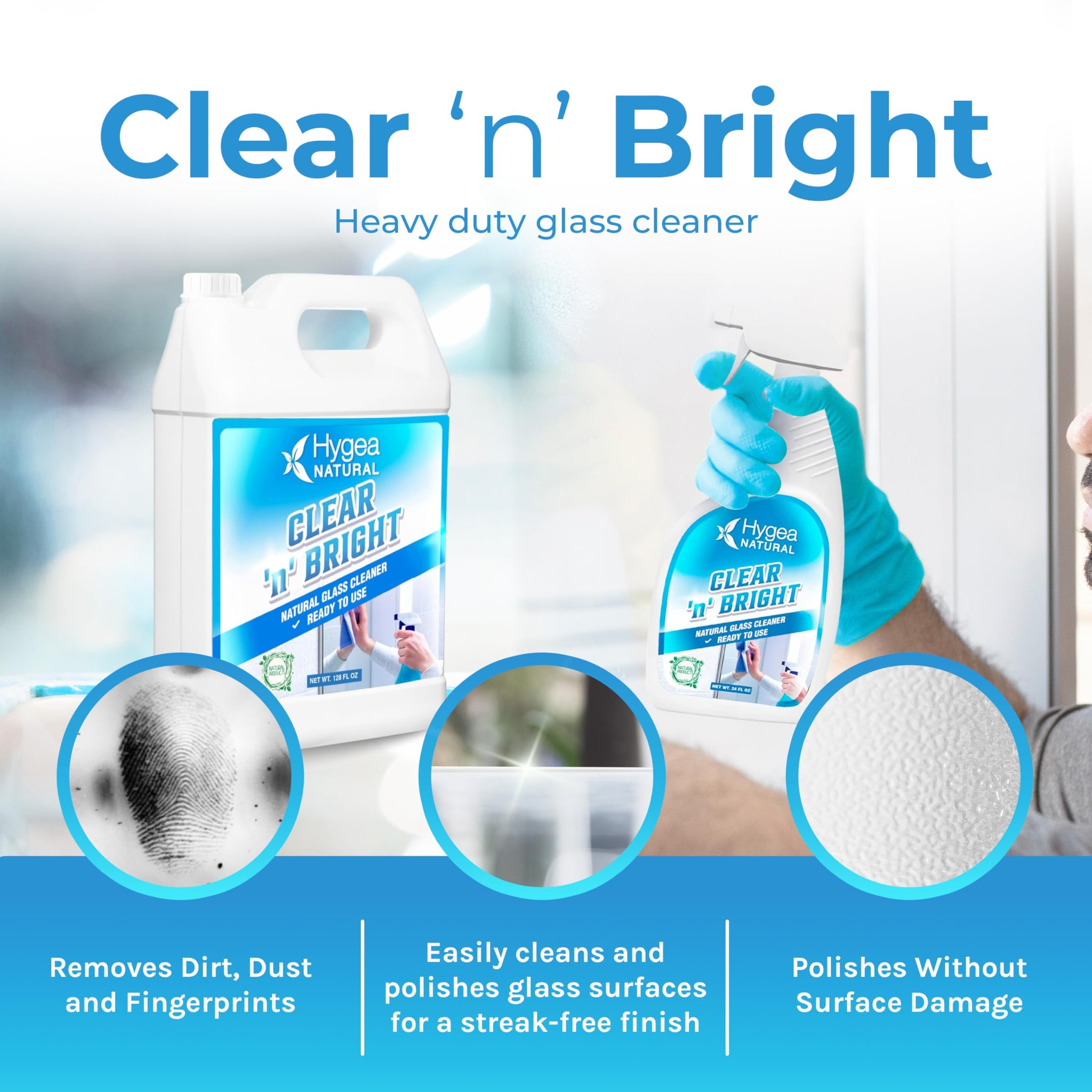 Hygea Natural Clear 'n' Bright - Glass Cleaner Spray - Streak-Free & Ammonia-Free Window Cleaning - Window & Mirror Cleaning Supplies - Safe & Fast