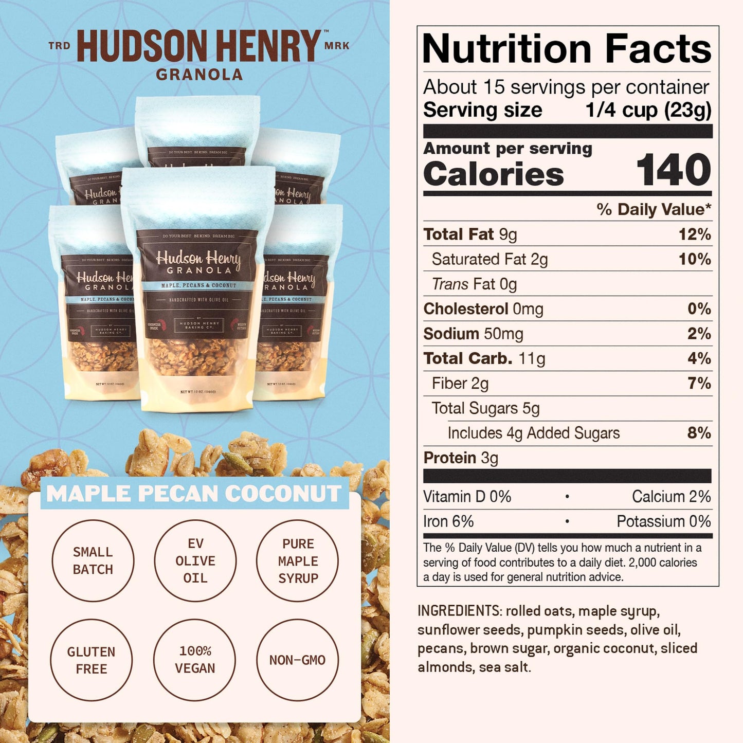 Hudson Henry Maple Pecan Coconut Granola | Gluten Free Granola with Nuts & Seeds | Vegan, Non-GMO & Small Batch Baked with Pure Maple Syrup & Extra