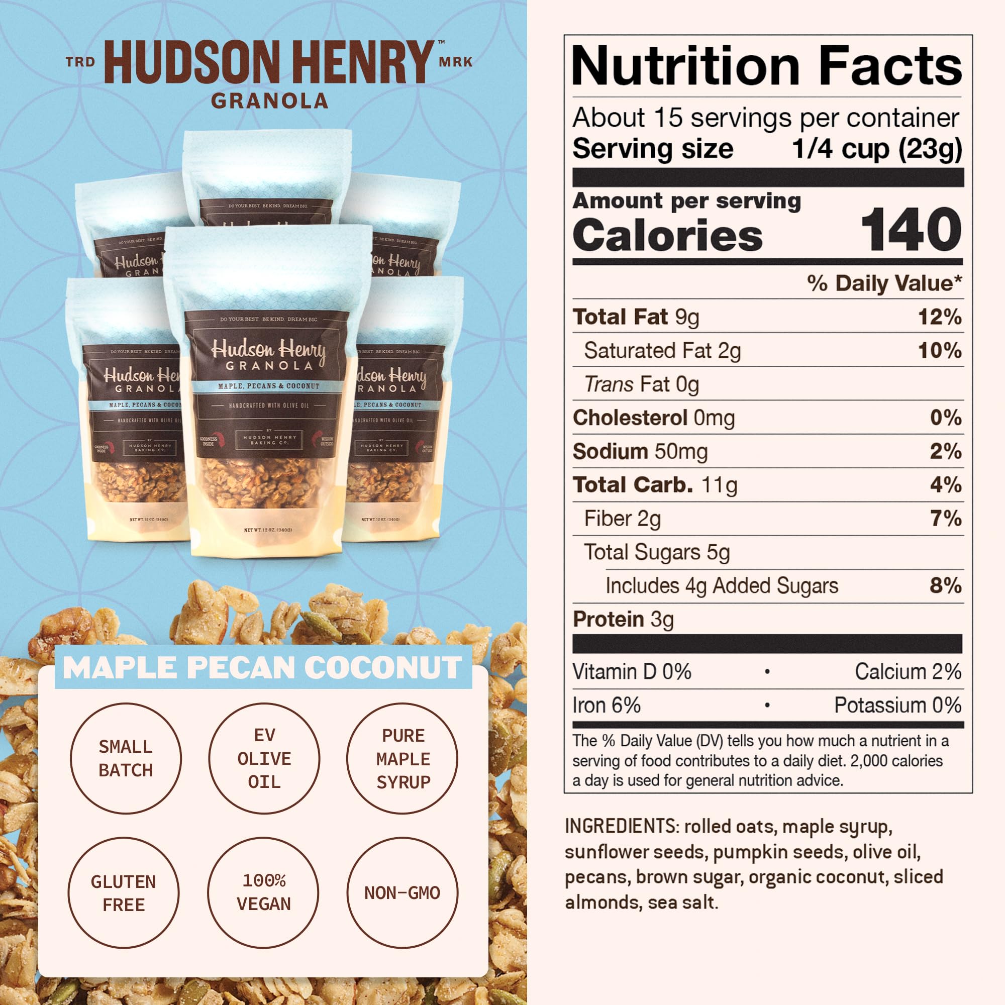 Hudson Henry Maple Pecan Coconut Granola | Gluten Free Granola with Nuts & Seeds | Vegan, Non-GMO & Small Batch Baked with Pure Maple Syrup & Extra