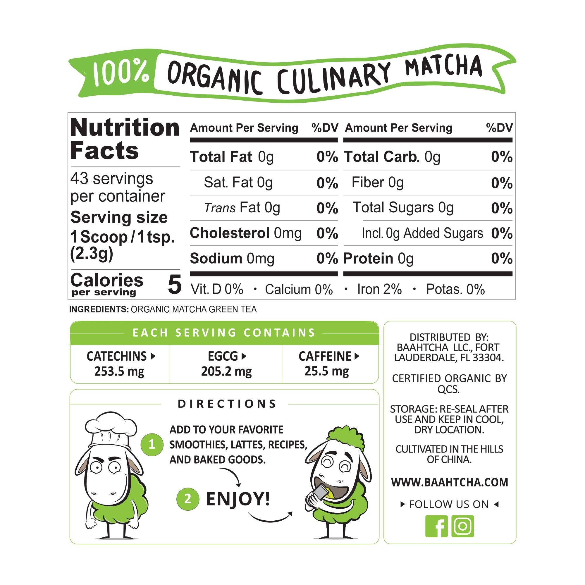 Baahtcha - USDA Organic Matcha Green Tea Powder - Premium Culinary Grade Natural Caffeine Energy Booster, Antioxidant, Kosher, Keto Friendly, Vegan