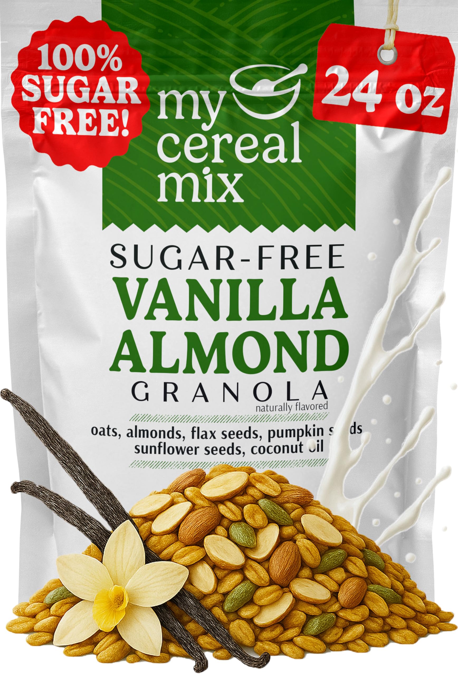 MyCerealMix Vanilla Almond Sugar-Free Granola, 24 oz - Keto & Diabetic-Friendly, Plant-Based, No Added Sugar, Gluten-Free, High Fiber, Allulose & Monk