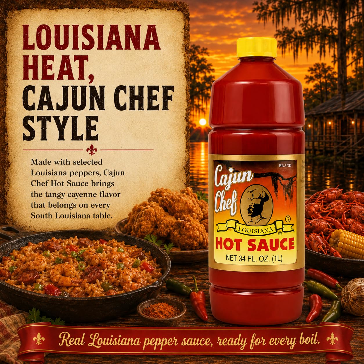 Cajun Chef Hot Sauce 34 oz, Louisiana Cajun Cayenne Pepper Sauce, Mild Heat Hot Sauce for Gumbo, Seafood, Soups, Wings, Pizza, BBQ, Fried Foods