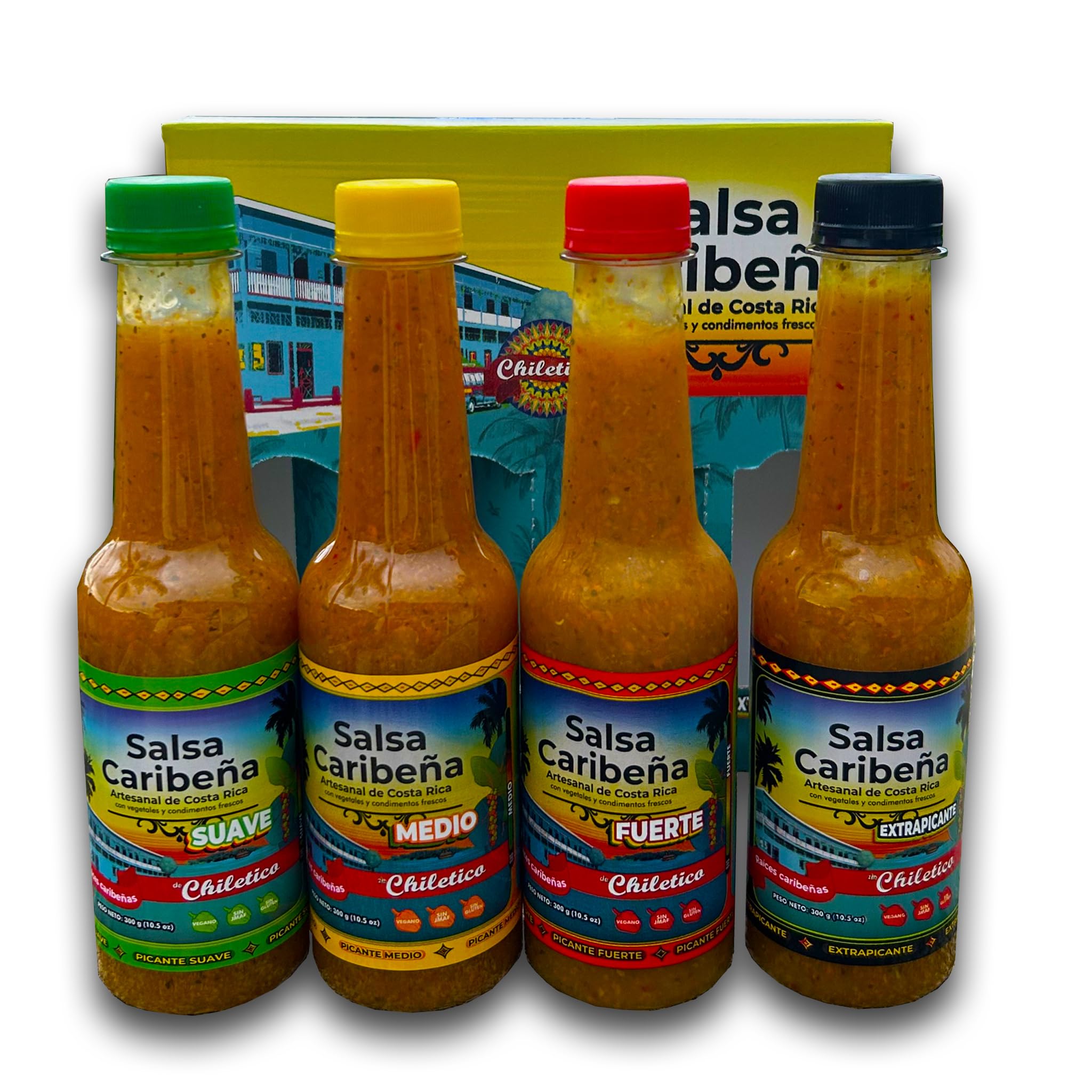 Chiletico Caribbean Hot Sauce, Medium Heat Level Handcrafted in Costa Rica with Fresh Vegetables and Natural Spices - Gourmet Latin Flavor, 10.5 fl oz