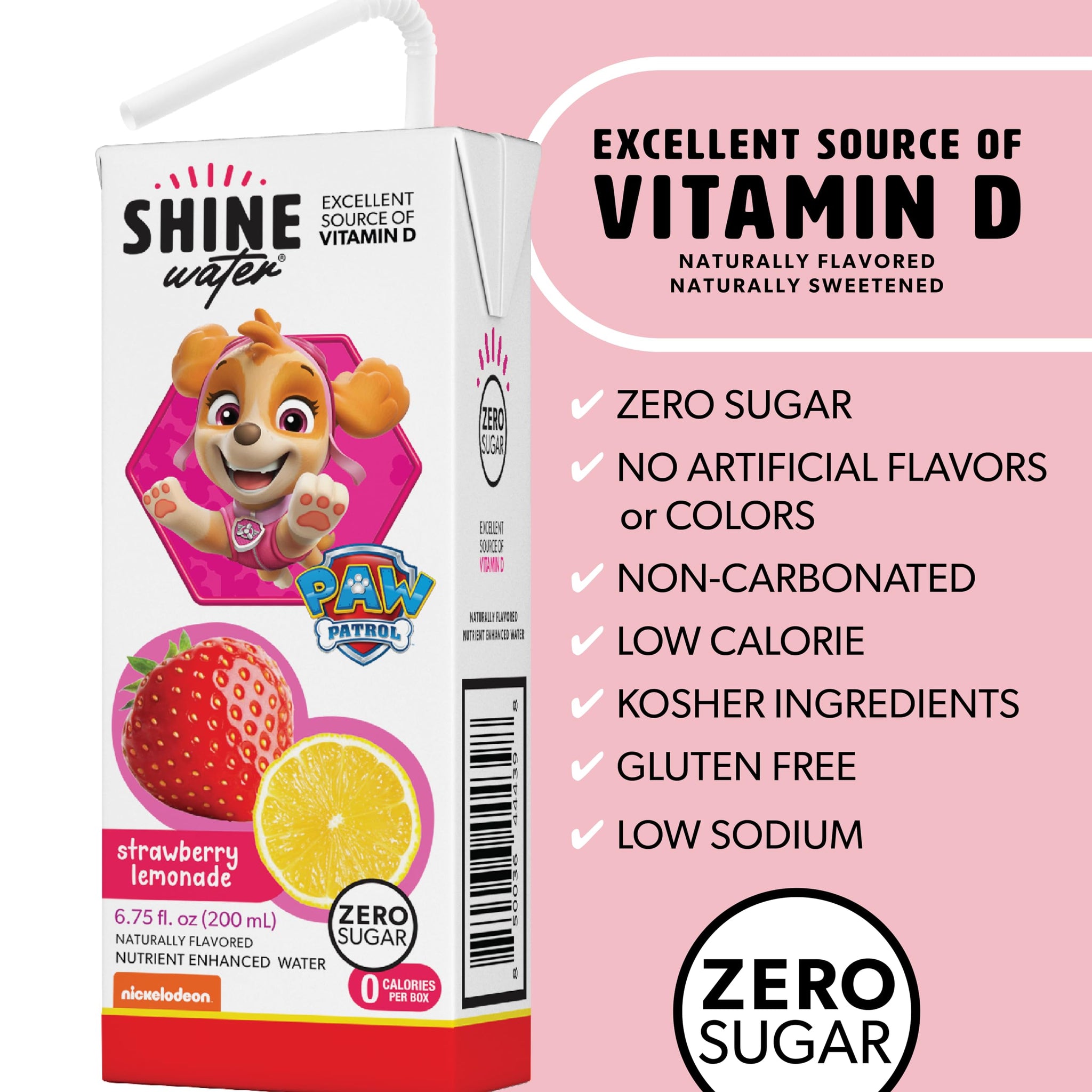 Shine Water Strawberry Lemonade Kids Drink Box- Pack of 8 (6.75 Fl Oz Each) - Naturally Flavored Water with Vitamin D, Zero Sugar, Low Calorie