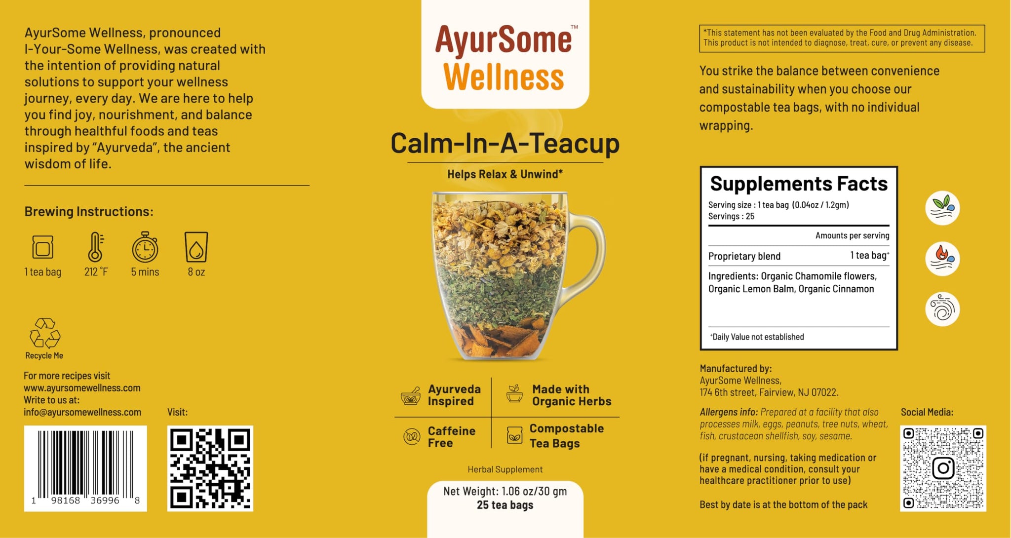 Calm In A Teacup Tea, Chamomile Lemon Balm for bedtime and evening, 25 tea bags, Organic Ingredients
