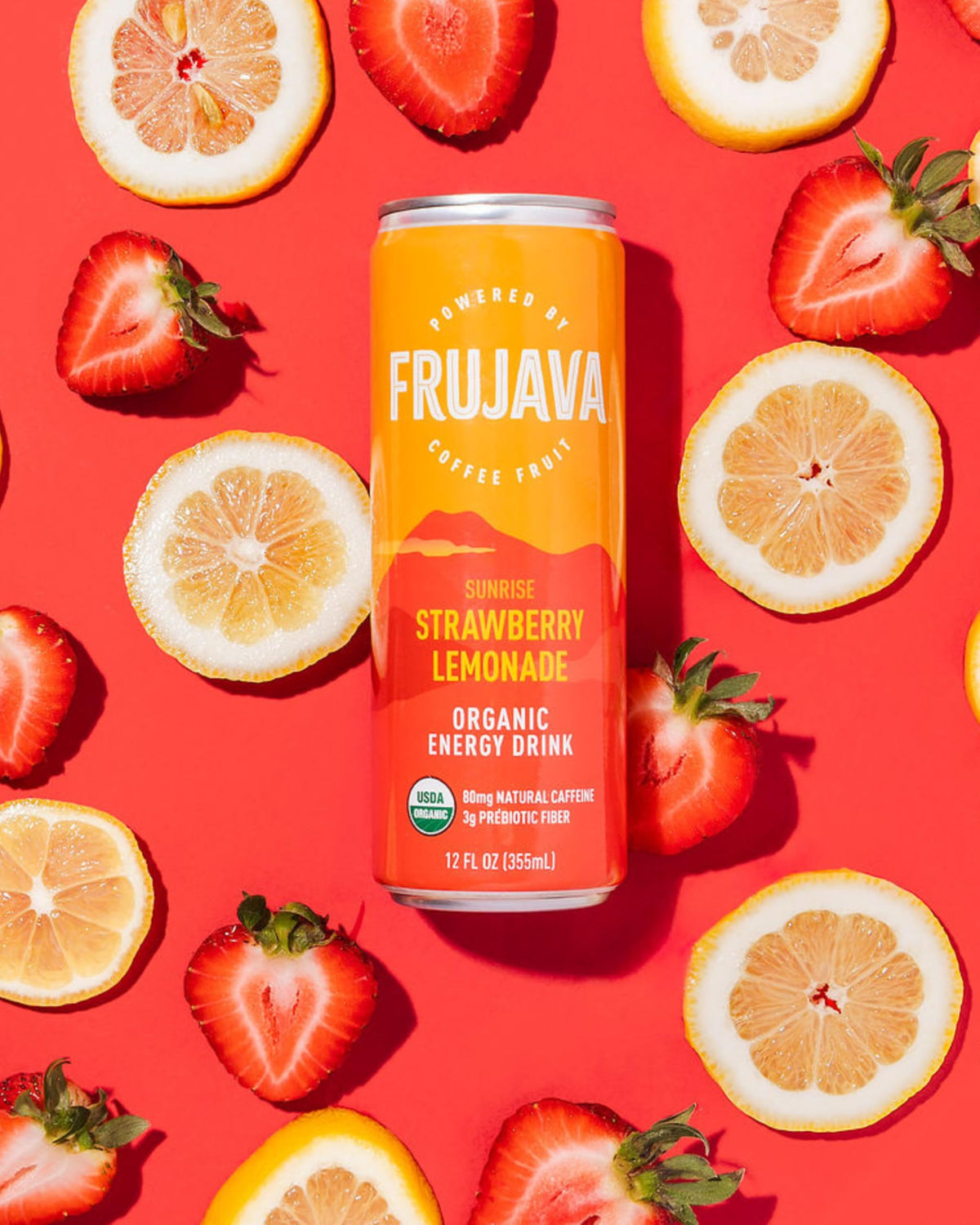 Frujava Organic Energy Drink, Sunrise Strawberry Lemonade, 80mg Natural Caffeine, 3g Prebiotic Fiber, 12oz Can, Powered by Coffee Fruit, Organic, Low