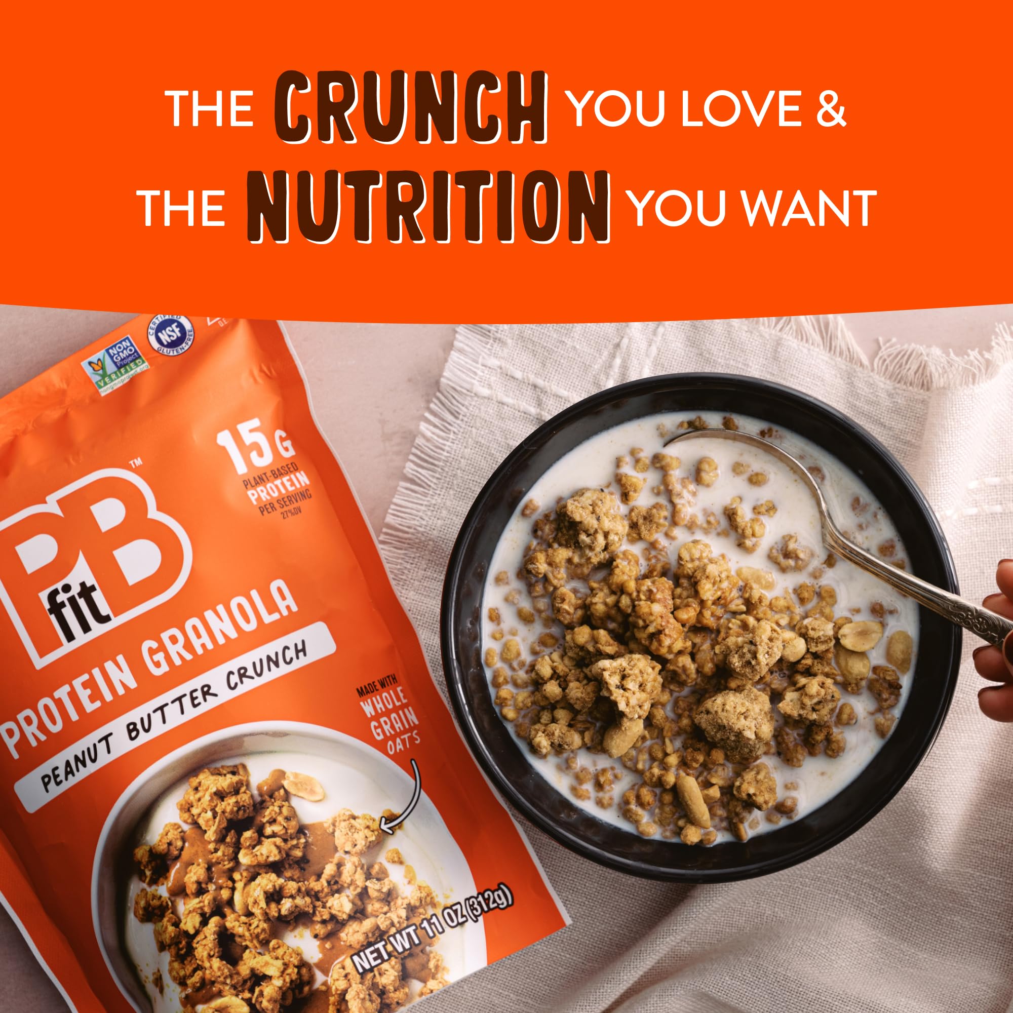 PBfit Peanut Butter Crunch Protein Granola, 15g Plant-Based Protein, Made with Whole Grain Oats and Chia Seeds, Gluten Free, for Protein Snacks
