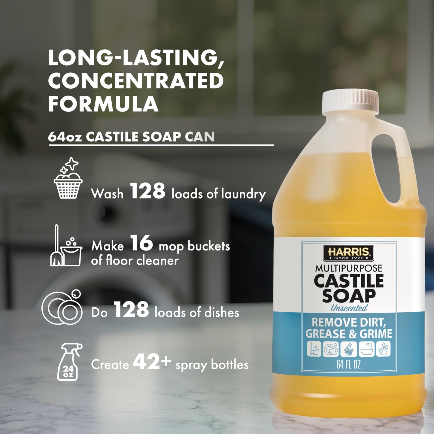 HARRIS Multi-Purpose Pure Liquid Castile Soap with Micro Fiber Towel for Home Cleaning, For Dish Soap, Laundry Detergent, Kitchen and Bathroom