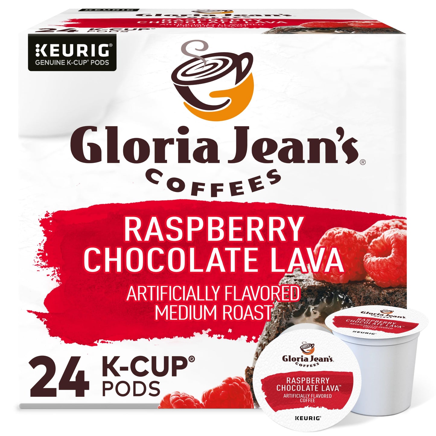 Gloria Jean's Coffees Raspberry Chocolate Lava, Single-Serve Keurig K-Cup Pods, Flavored Medium Roast Coffee, 24 Count