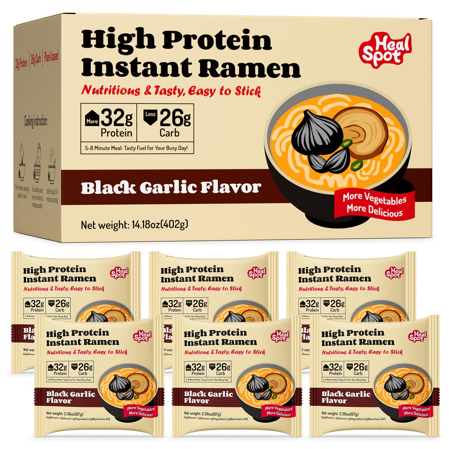 HealSpot High Protein Instant Ramen, 6 Pack Non Fried Ramen Broth, 32g Plant Based Protein, Low Fat, Low Carb, Non GMO, Keto Friendly Plant Based