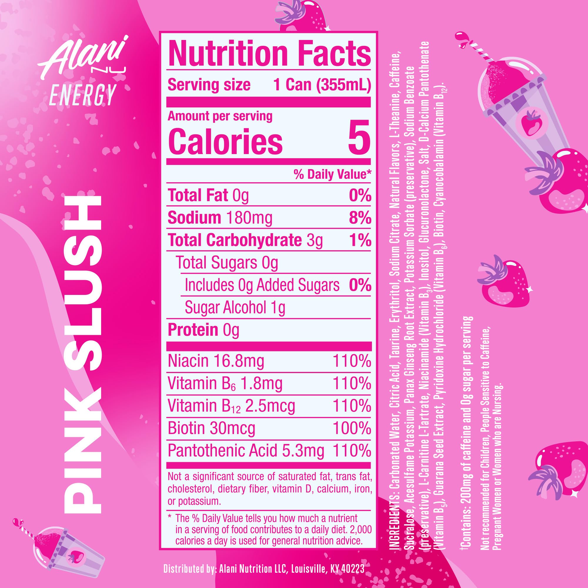 Alani Nu PINK SLUSH, Sugar Free, Low Calorie Energy Drinks, 200mg Caffeine, Biotin, B Vitamins, Zero Sugar, 10 Calories, 12 Fl Oz Cans, 12 Pack
